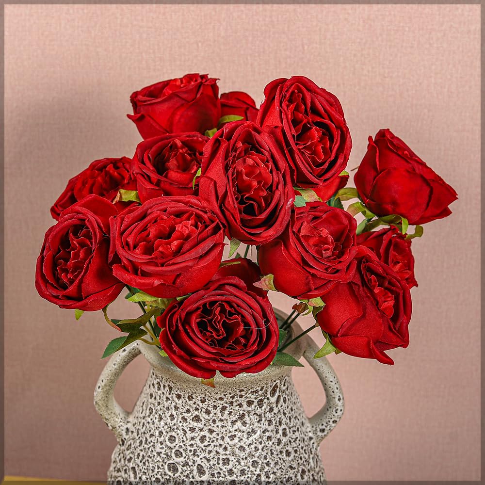 YATAI 2pcs Artificial Flower, 6 Head Romantic Silk Rose Flower with Stem, Lifelike Petal & Foliage Fake Roses, No Maintenance, Everlasting Realistic Fake Flowers, Faux Flowers for Vase Filling (Red)