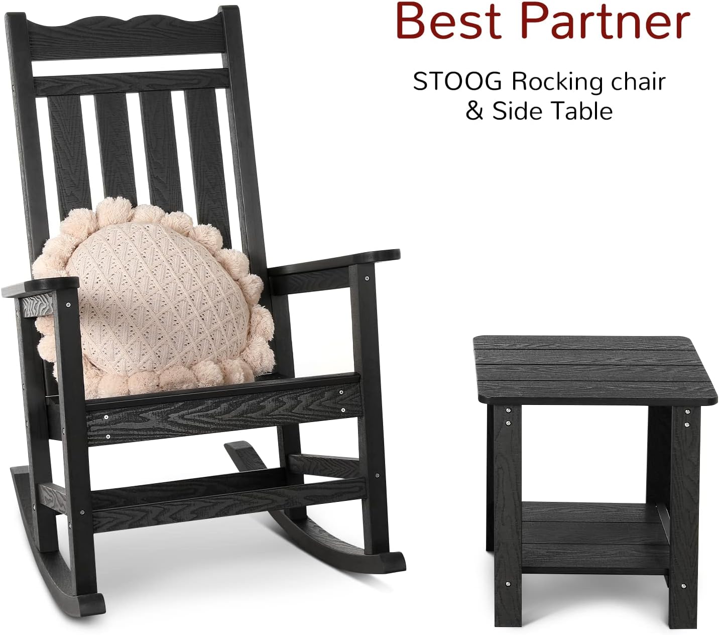 Stoog Outdoor & Indoor Rocking Chairs Set of 4, All-Weather Porch Rocker with 400 lbs Weight Capacity, for Backyard, Fire Pit, Lawn, Garden and Patio, Black