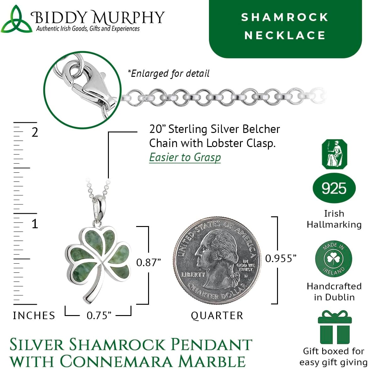 Biddy Murphy, Women's Irish Shamrock, Lucky Three Leaf Clover 925 Sterling Silver Pendant Necklace with Connemara Marble Inlay