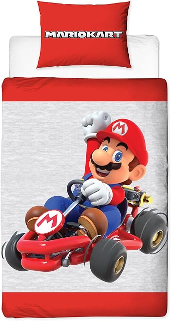 Nintendo Mario Kart Official Single Duvet Cover Set | Reversible 2 Sided Red and Grey Close Up Range with Matching Pillowcase (Single)