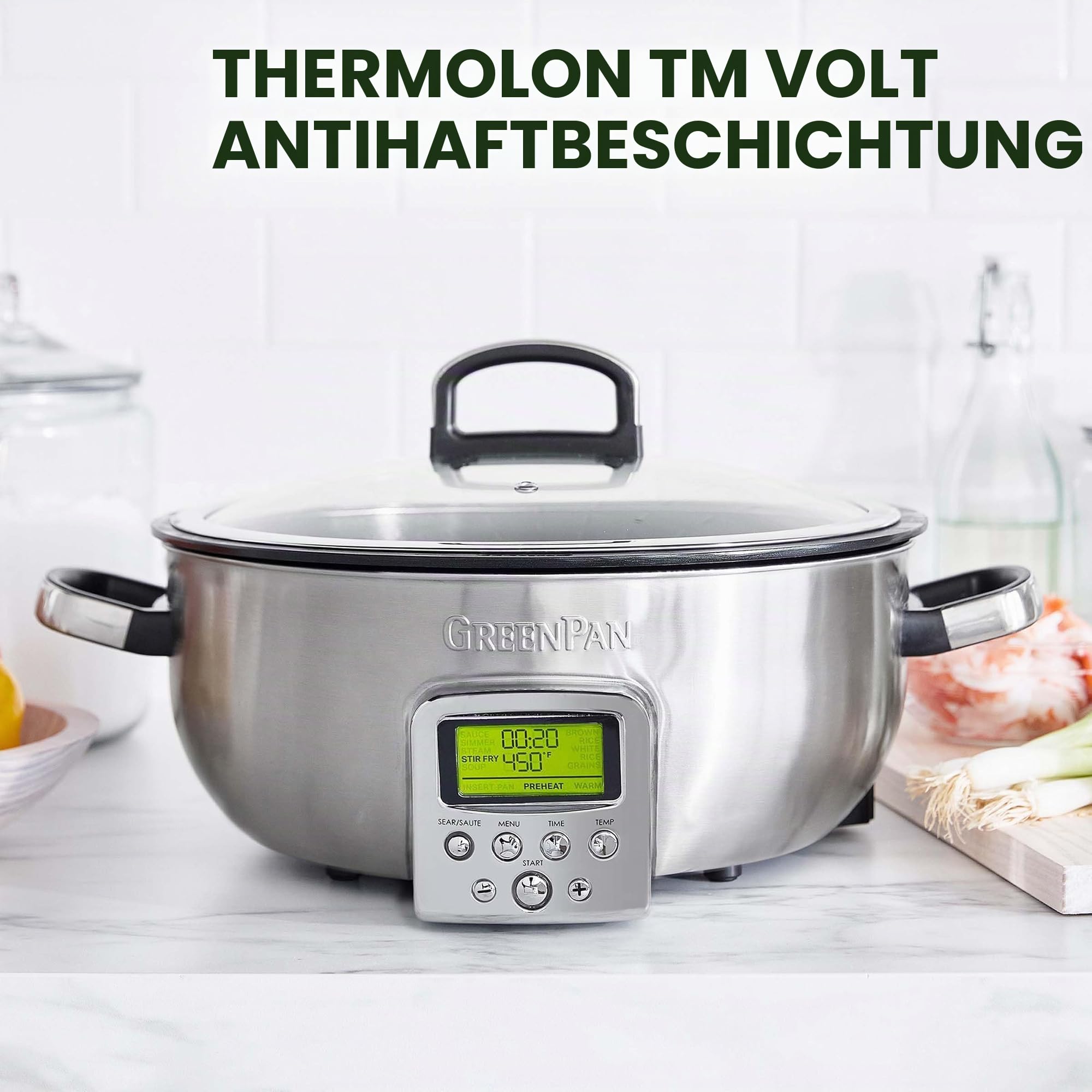 GreenPan Elite Wesentlich Schlau Elektrisch 5.6L Bratentopf,Einfache Brat- Sautier- Rühr- und Reiskocher-Vorwahlen,PFAS-freie Gesunde Keramik-Antihaft,Spülmaschinenfeste Teile,LED-Anzeige,Edelstahl