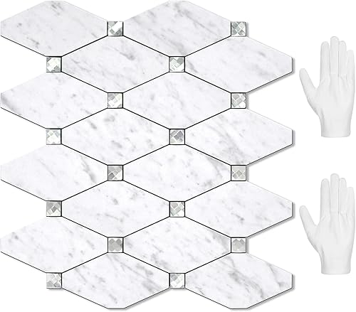 Miniatura 13 de STICKGOO 1 hoja de salpicaduras de pared para despegar y pegar, adhesivos de azulejos compuestos de aluminio Calacatta, salpicaduras autoadhesivas