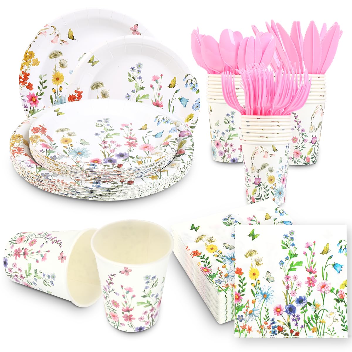 168 Pcs Wildflower Party Decorations Spring Floral Baby Shower Birthday Decorations Include Plates,Cups,Napkins,Cutlery for Wildflower Baby Shower Tea