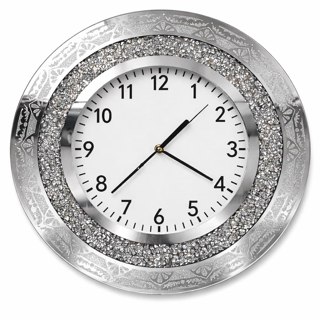 Horloge murale ronde grand format miroir argenté décoratif