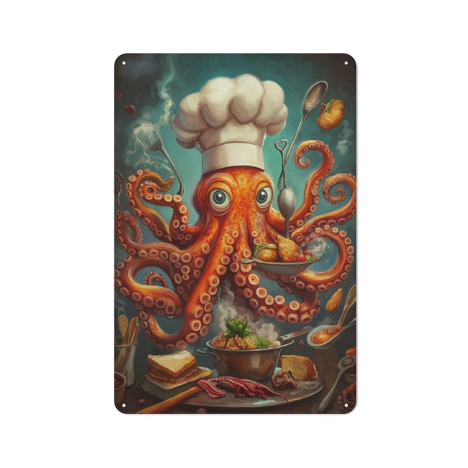 Junmoney Octopus Chef For Café Or Restaurant, Vintage Metal Sign 30X20cm, For Vintage Wall Decor Fans, For Cafés, Pubs And Restaurants
