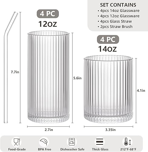 Miniatura 2 de Juego de 8 vasos de cristal vintage acanalados, 4 vasos altos de 12 onzas, vasos de 4 rocas de 14 onzas, vaso de cóctel acanalado, utilizado para