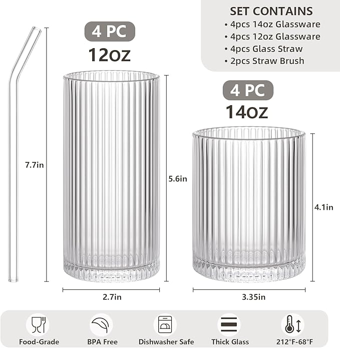 Set de 8 Vasos de Vidrio Acanalados Vintage, 4 Vasos Altos 12 oz y 4 Vasos Bajo 14 oz miniatura 3