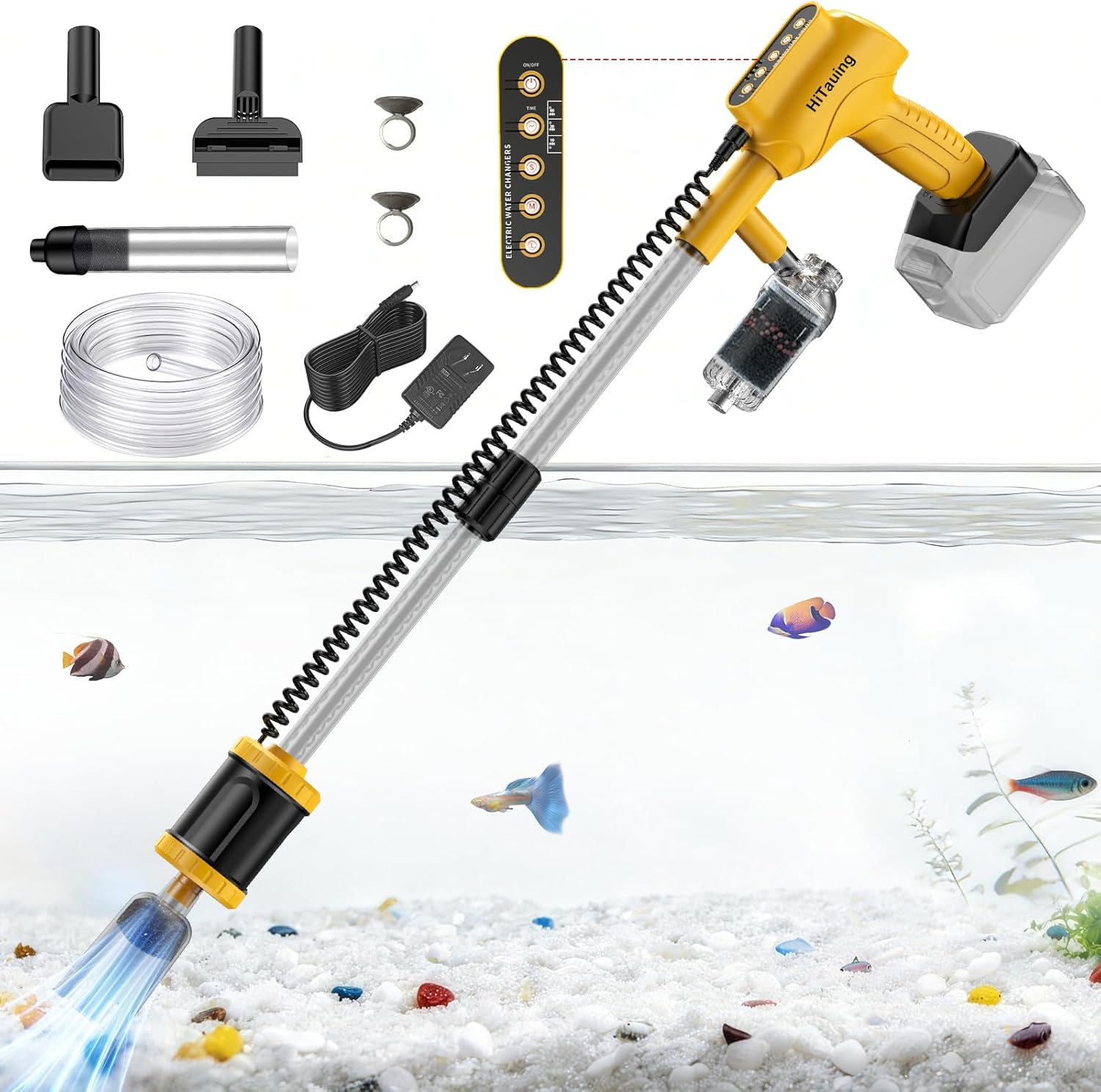 HiTauing Aquarium Gravel Cleaner, Cordless/Corded 6 in 1 Electric Fish Tank Vacuum Cleaner Compatible with Dewalt 20V Battery, 3 Adjustable Power, Automatic Water Change for Freshwater and Saltwater