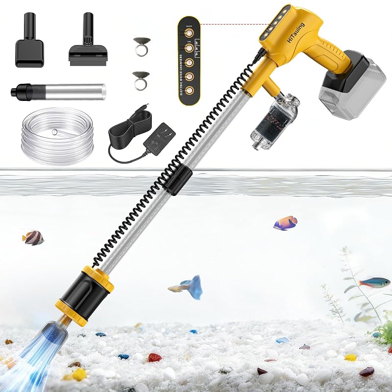 Limpador de Cascalho para Aquário HiTauing 6 em 1, Elétrico com Fio ou Sem Fio TY-AGC-01, Amarelo