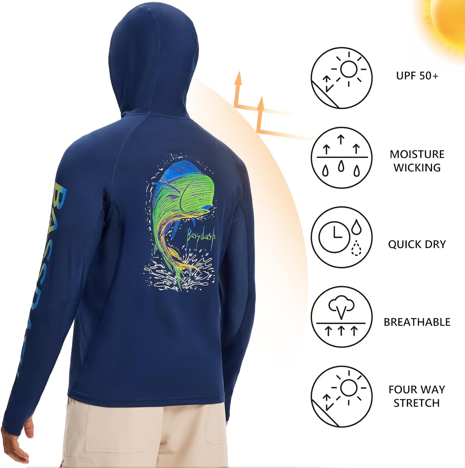 BASSDASH Men’s UPF 50+ Graphic Fishing Hoodie Shirts with Mask Pocket UV Long Sleeve Moisture Wicking FS47M - Image 3