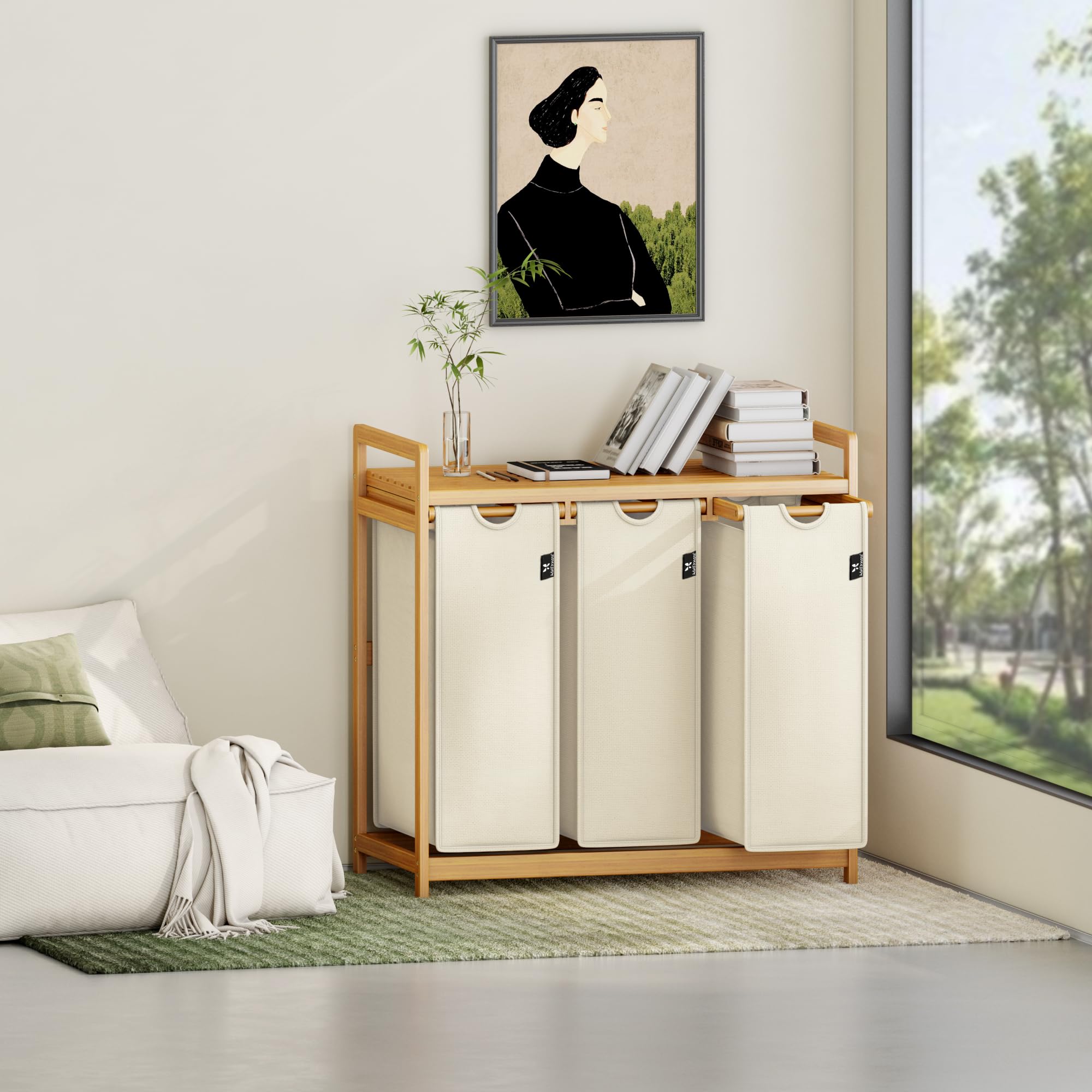 AdelDream Panier à linge 150L 3 compartiments avec étagères sac à linge extensible et amovible collecteur de linge cadre en bambou boîte à linge tri du linge Bambou Beige