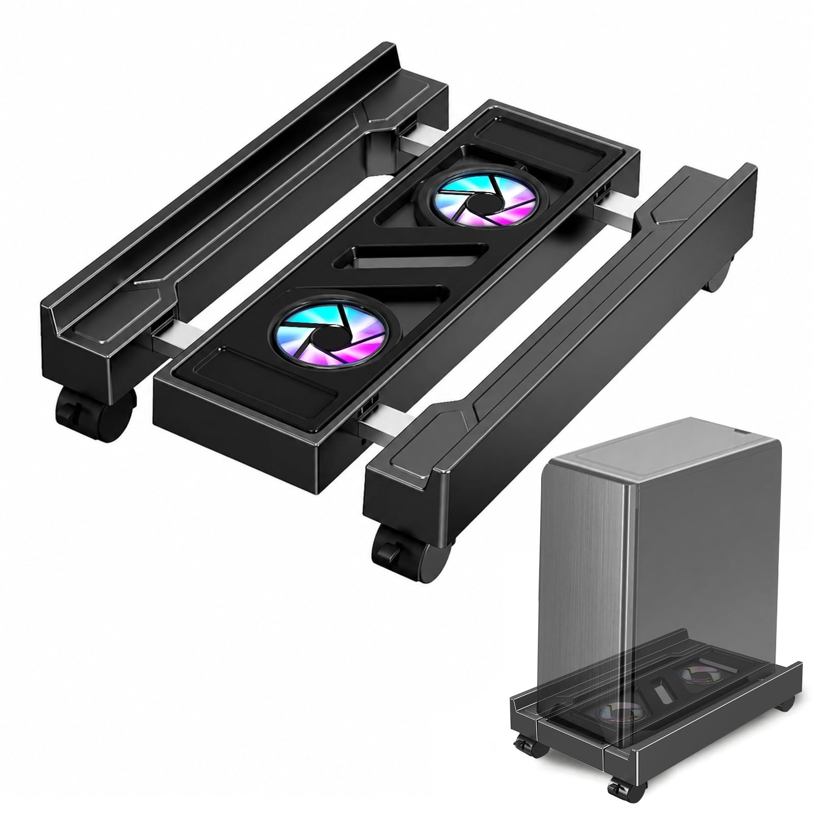 Pc Ständer mit Kühlventilator und Blendlicht, Pc Rollwagen | Mobiler Pc Stand mit 4 Rollen, Kann 50KG Tragen, Passend für Standard-Atx-, Mid-Tower- und Mini-Tower-Gehäuse
