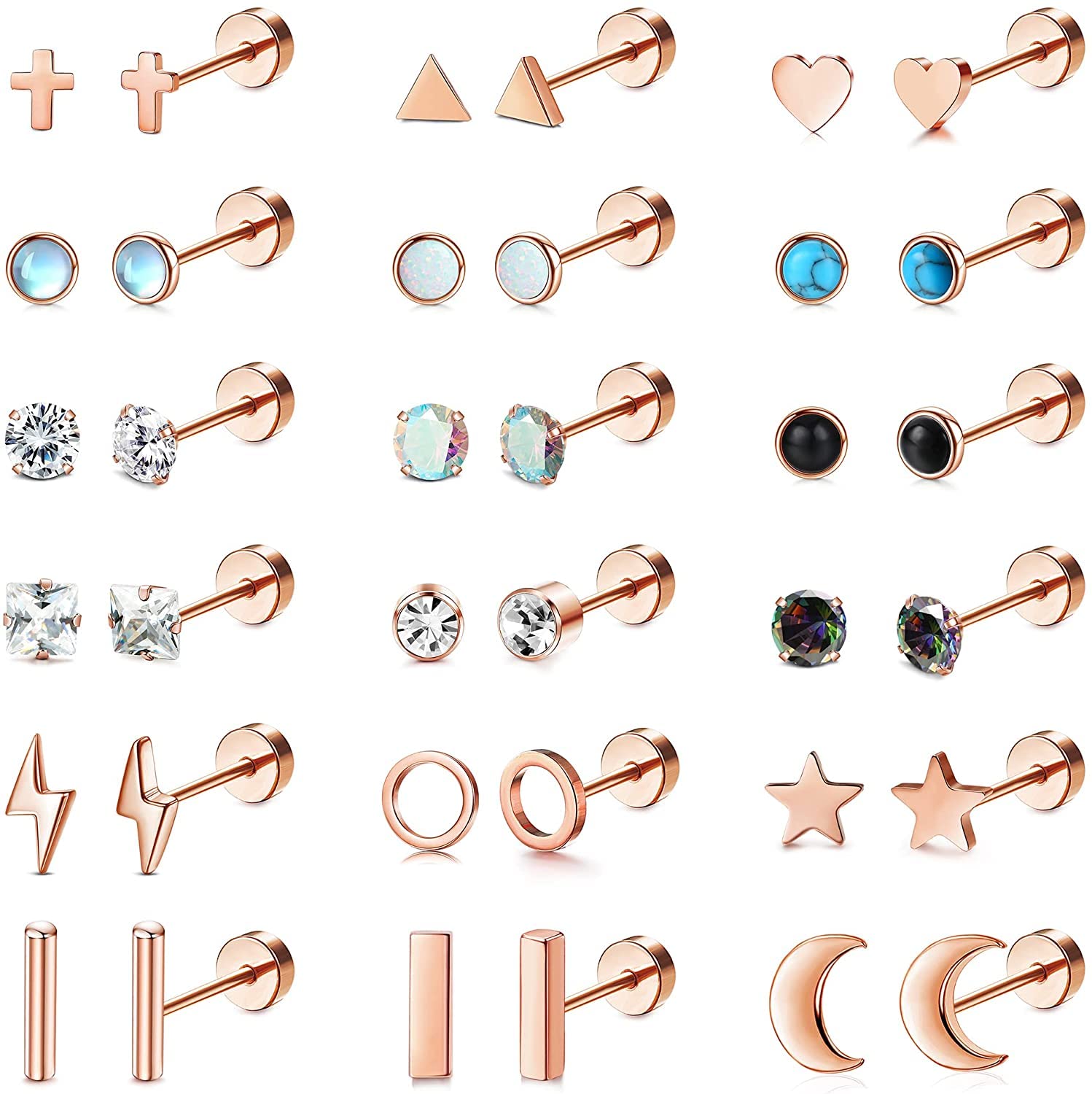 MILACOLATO 18 Pares Piercing Oreja Cartilago Pendientes Acero Quirurgico Mujer Cartílago Tragus helix Cartilago Pendientes Hélice De La Luna Estrella Corazón Disco CZ Piercing Joyería