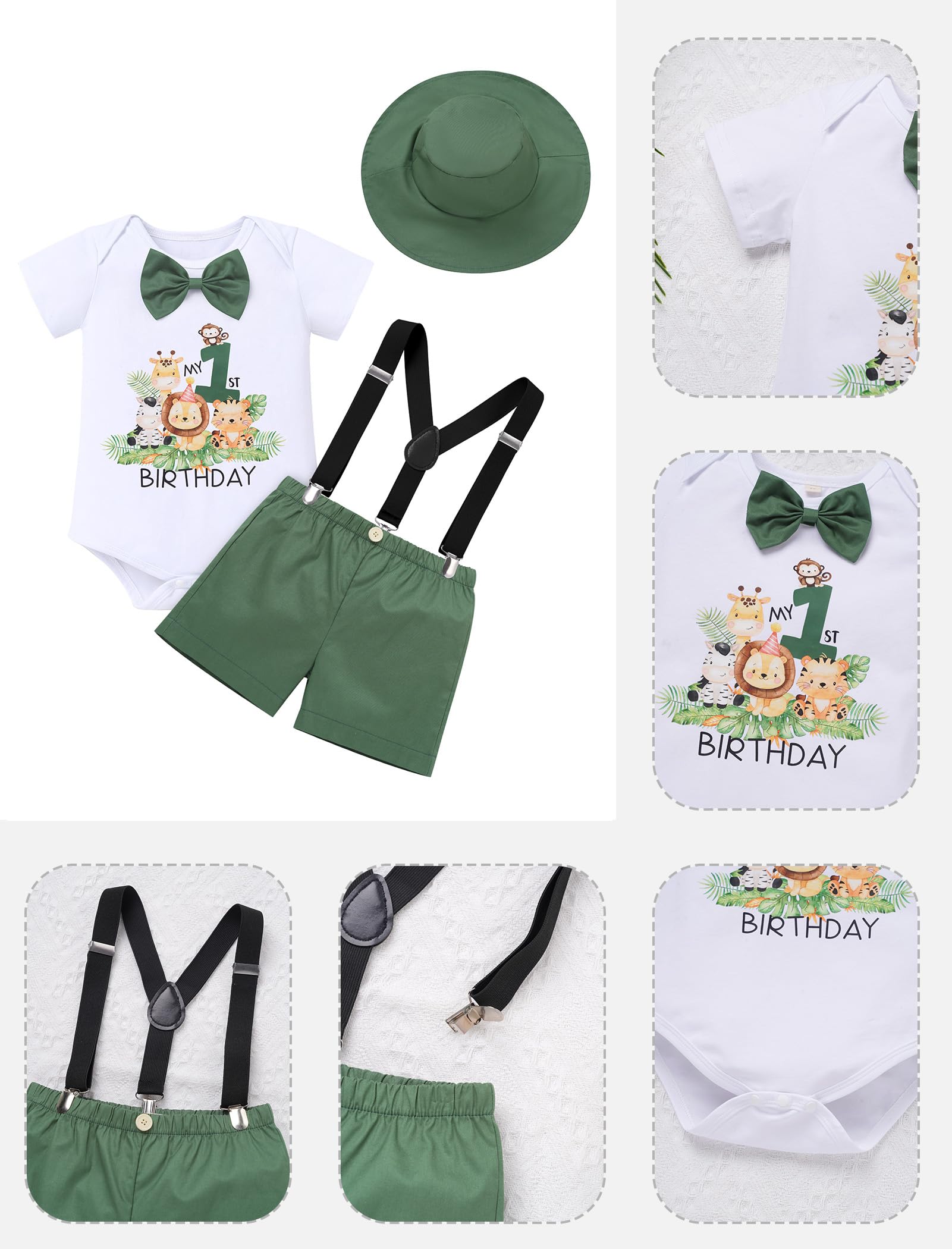 Odizli Conjunto de ropa para bebé y niño de primer cumpleaños, traje de manga corta, pelele + pantalones cortos + tirantes + sombrero, juego de ropa de 4 piezas