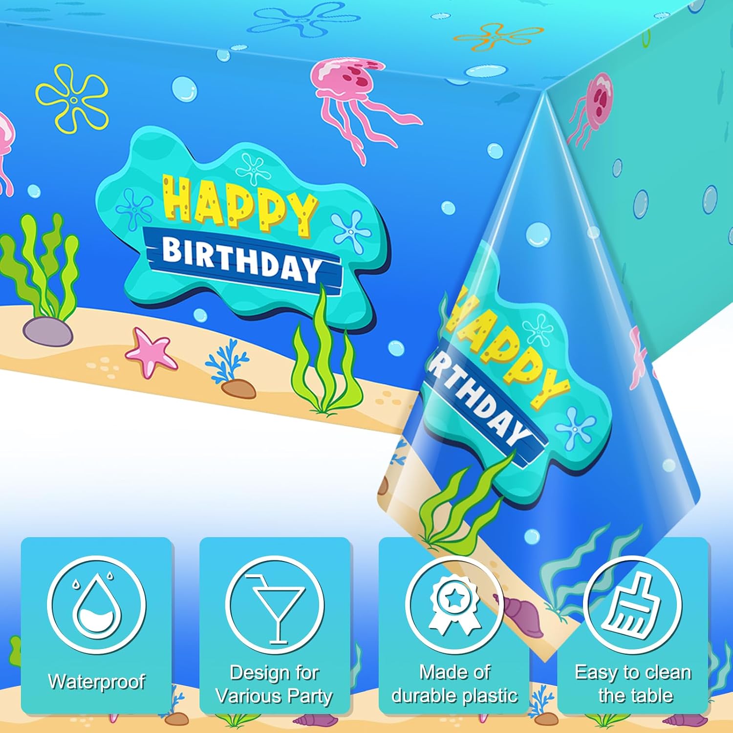 3 Pcs Blue Ocean Birthday Party Tablecloth Decorations, Disposable Happy Birthday Table Cover Blue Ocean Jellyfish Seaweed Tablecloth for Rectangle Table Baby Shower Party Supplies, 108x54”