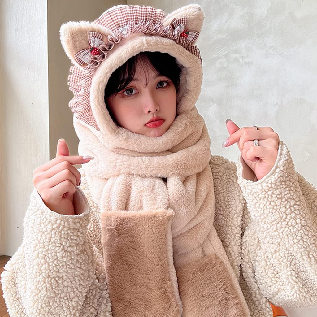 Scarf,3 in 1 Set Plush for Cat Ear Hat Scarf Gloves Beanie Hat Mitten with Pockets for Winter Daily Wear Scarf(Pink)