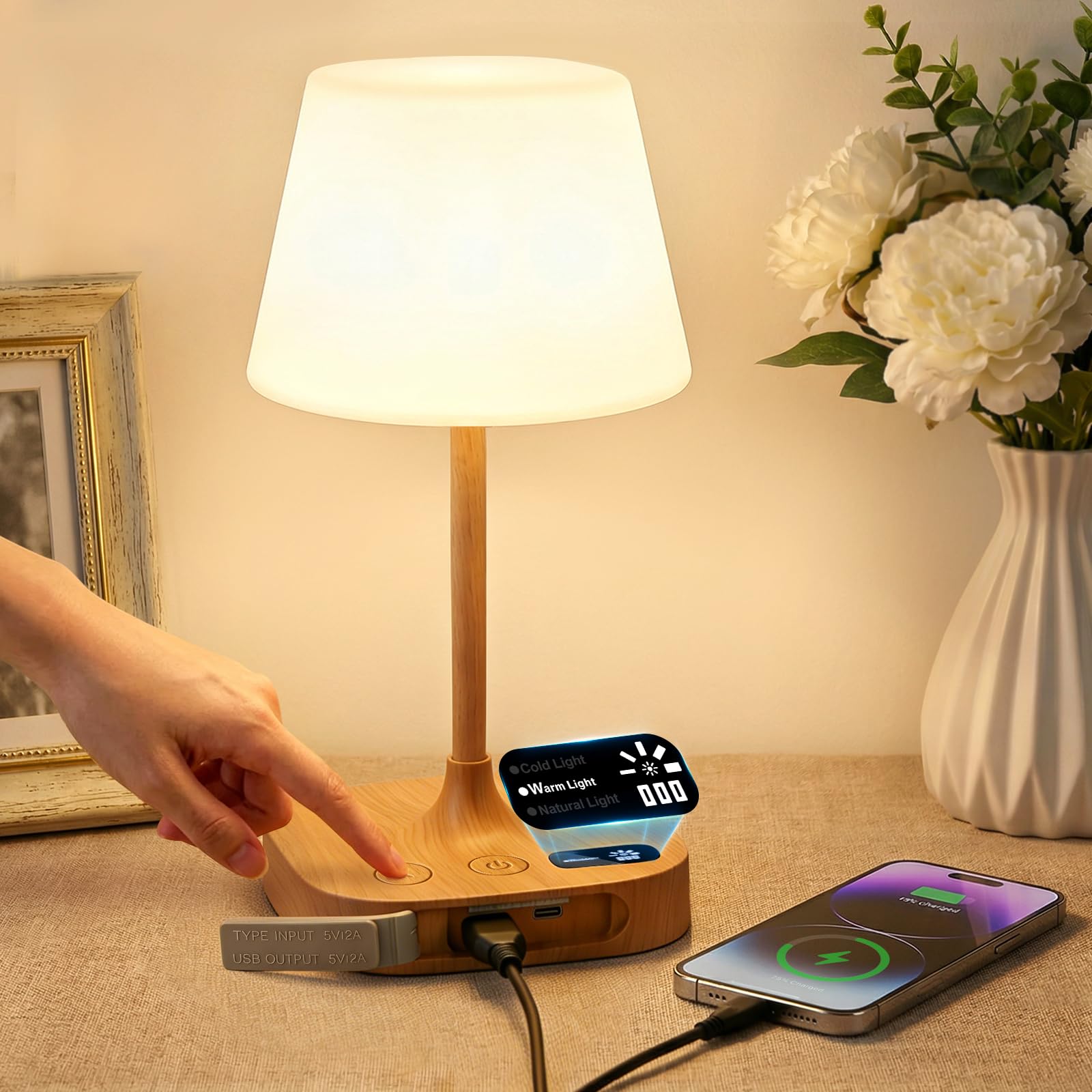 Bedside Lamps, LED Touch Rechargeable Cordless Table Lamp for Living Room Bedroom, Bathroom Light IP55 Waterproof with 3 Modes & Memory, Desk Lamps for Home Decor, Office, Kids Room, Study, Bathtub