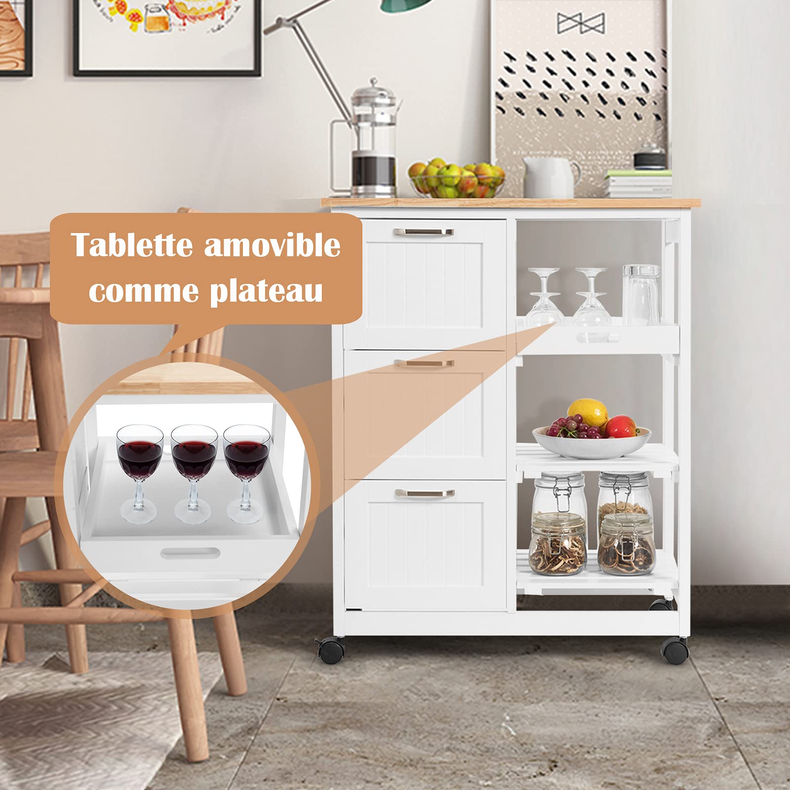 GOPLUS Desserte de Cuisine à roulettes, Chariot de Cuisine en Bois avec 3 Tiroirs, 3 Étagères, Plateau Amovible, 67 x 37 x 83,5 CM, Blanc