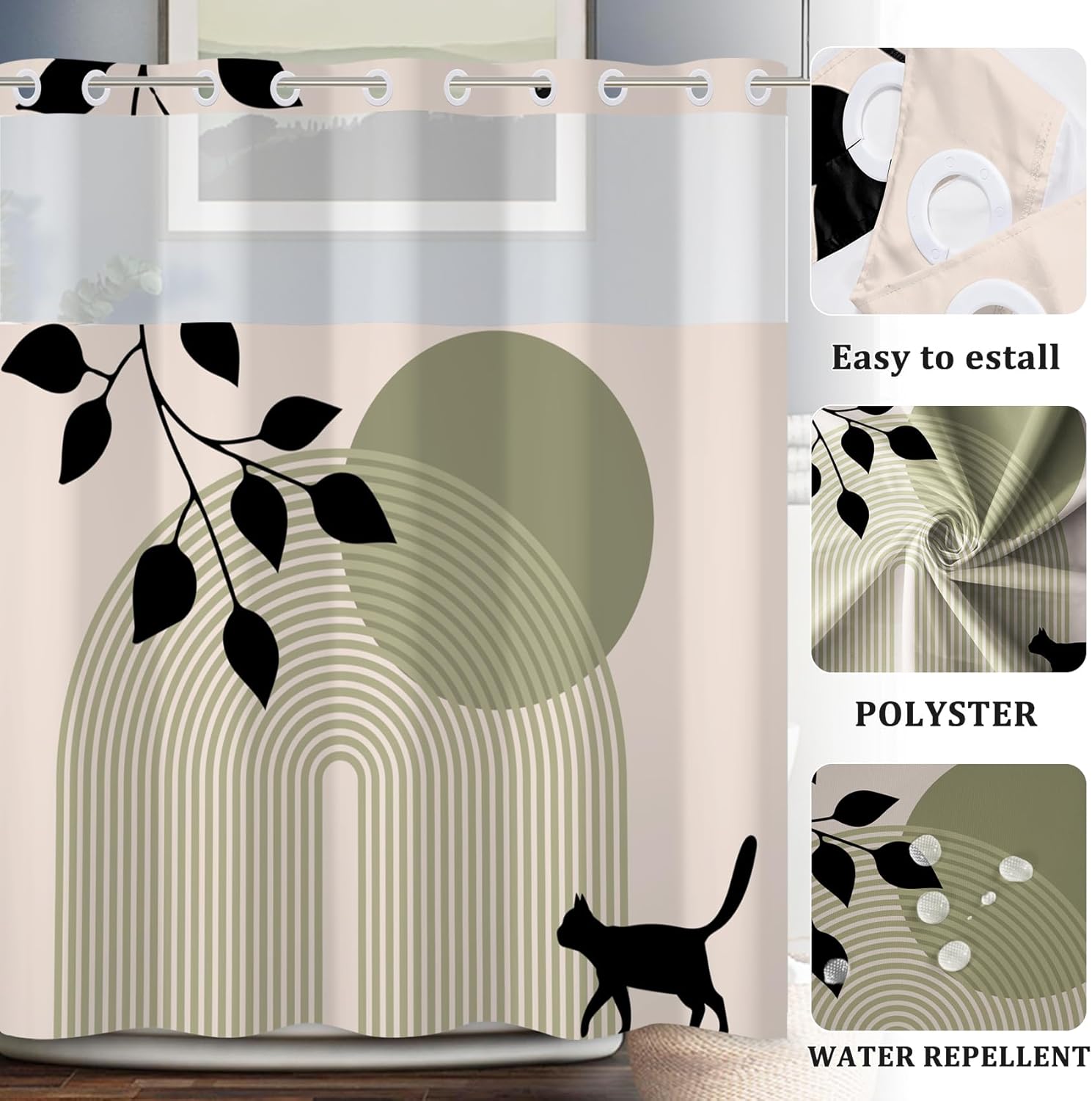 Baocicco No Hook Shower Curtain with Snap in Liner Minimalist Boho Mid Century Silhouette Cat Botanical No Hook Fabric Shower Curtains Set Double Shower Curtain for Bathroom Bathtub 71x83 Inch