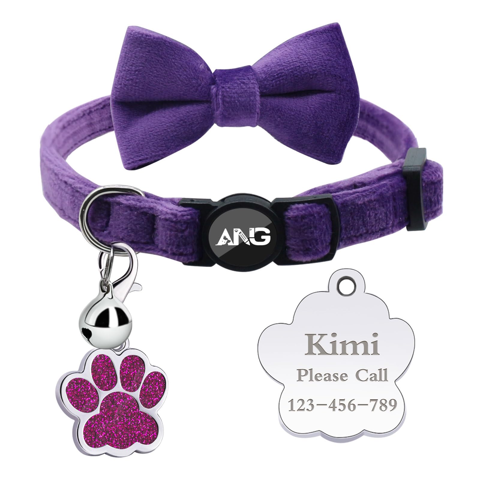 Personalized Breakaway Cat Collars with ID Tag Bell Bowtie,Safety Quick Release Customized Kitty Collars for Girls Boys Cats-Velvet Pattern-Purple
