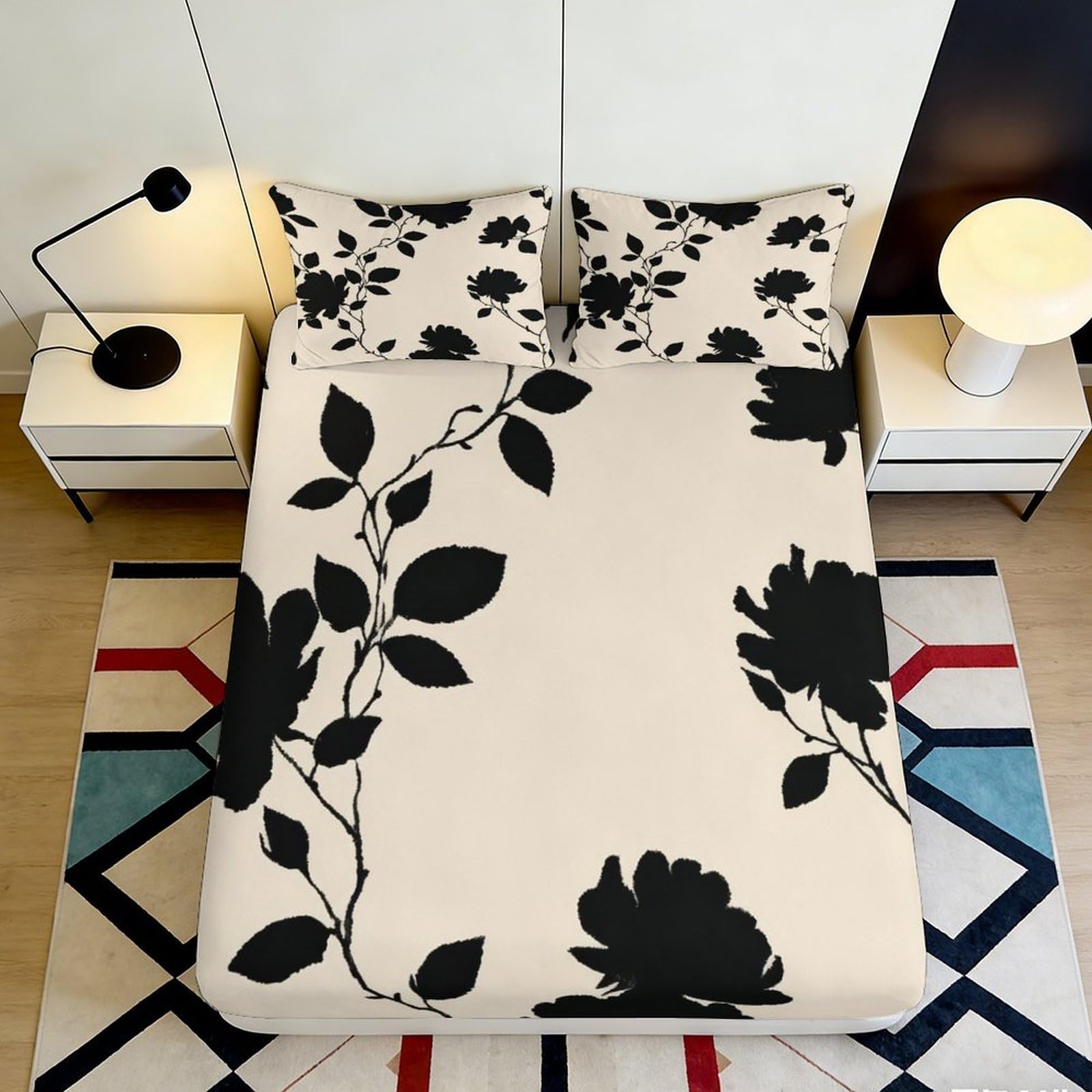 3D Printed Black Floral Fitted Sheet Microfiber Soft Breathable Silhouette Leaf Mattress Cover for Bedroom Guest Room Decor 90x200x25cm