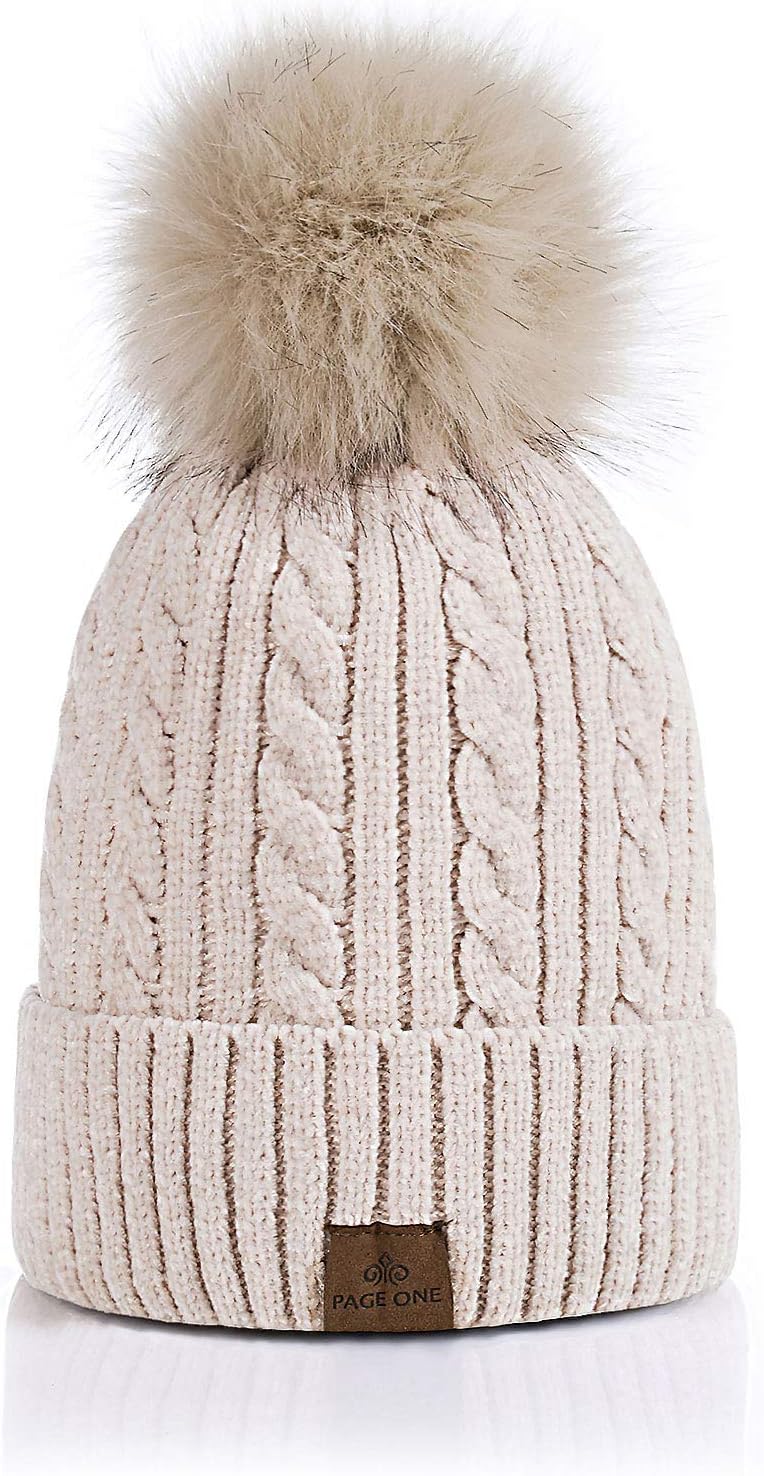 PAGE ONE Women Winter Pom Pom Beanie Hats Warm Fleece Lined,Chunky Trendy Cute Chenille Knit Twist Cap/Beige