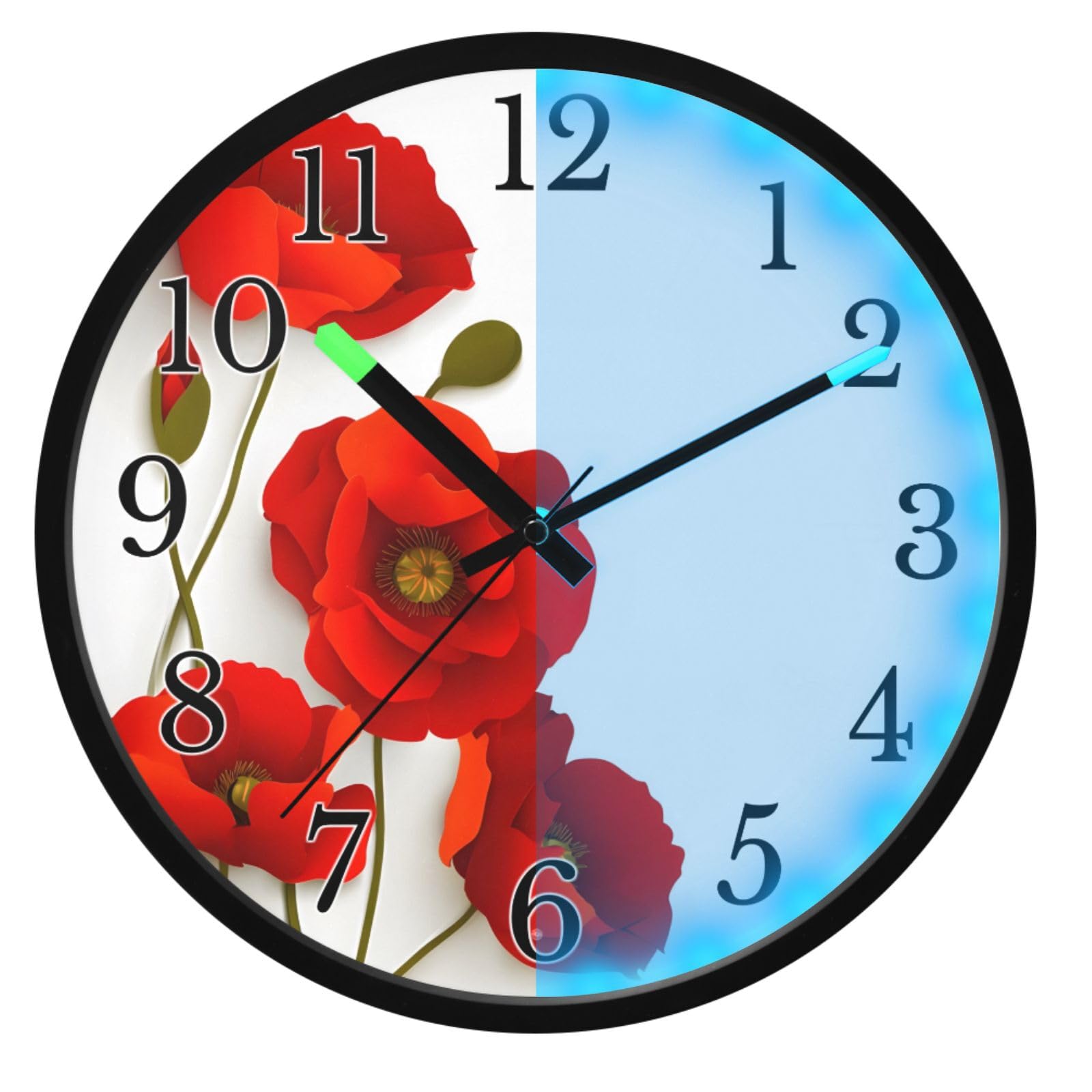 Mnsruu Reloj de pared luminoso con diseño de amapola roja y flores blancas, reloj de pared que brilla en la oscuridad, funciona con pilas, silencioso, sin tictac, luz nocturna para dormitorio