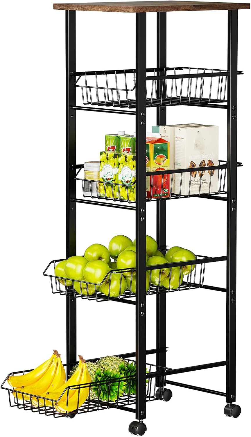 Delamu Fruit Vegetable Basket for Kitchen, 5 Tier Kitchen Organizer and Storage Cart with Wheels, Slide-Out Baskets and Wood Top, Rolling Pantry Storage cart for Produce Snack, W11.8xD16.45xH42.44 in Delamu Fruit Vegetable Basket for Kitchen, 5 Tier Kitchen Organizer and Storage Cart with Wheels, Slide-Out Baskets and Wood Top, Rolling Pantry Storage cart for Produce Snack, W11.8xD16.45xH42.44 in