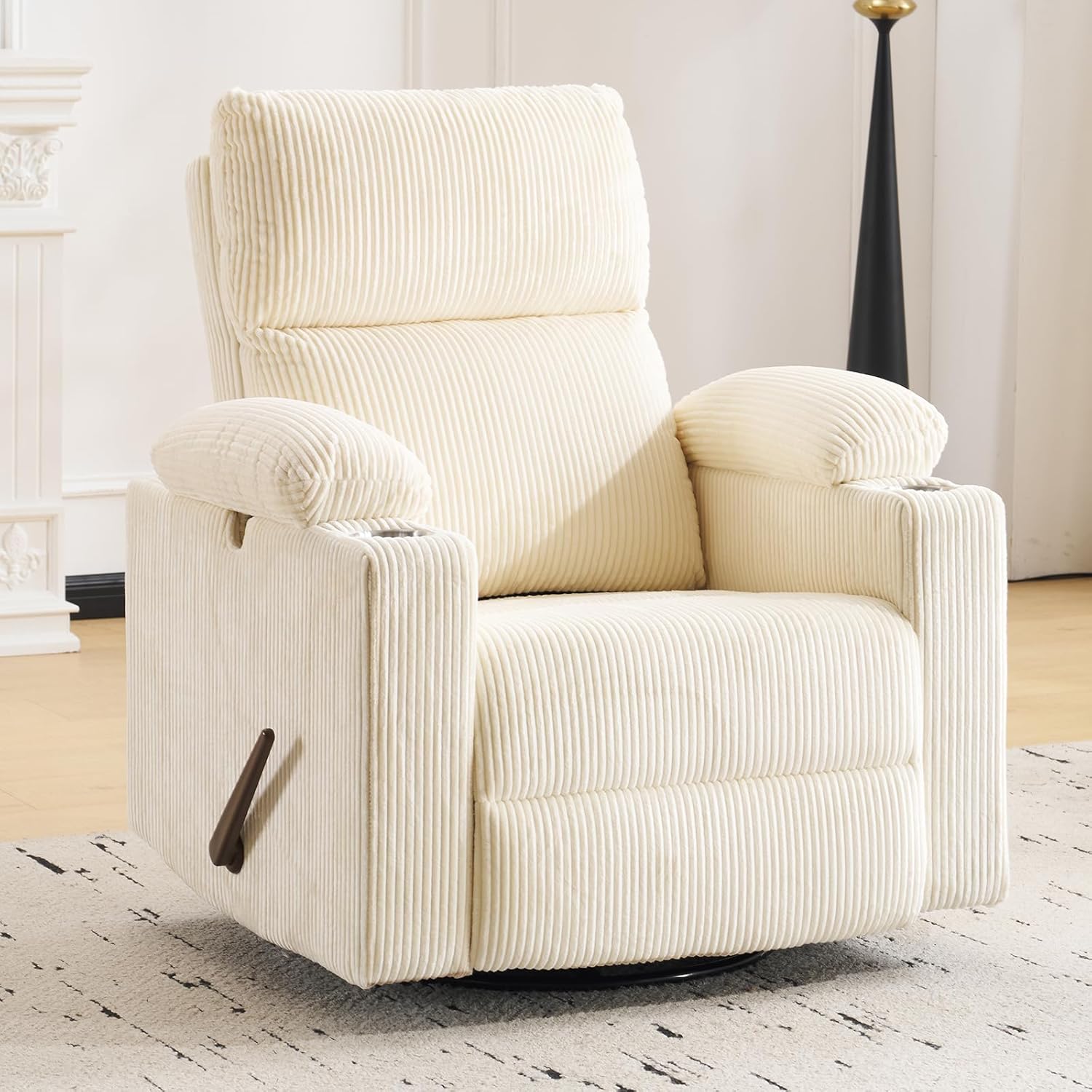 Swivel Rocker Recliner with Adjustable Armrests, Rocking Nursery Chair with Adjustable Headrest, Cup Holder, Manual Recliner Nursing Chair for Breastfeeding, Corduroy Beige
