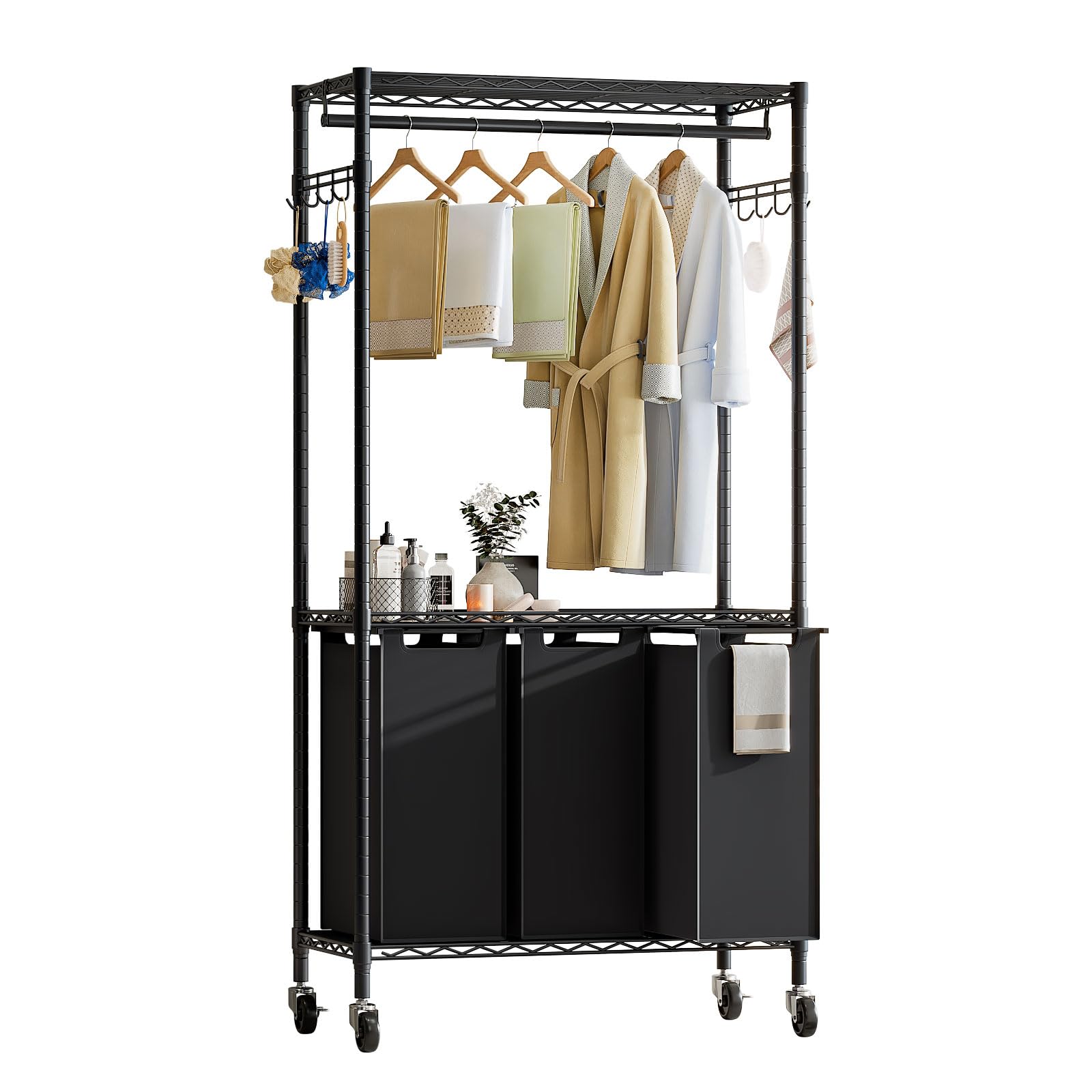 Carrito para Ropa Sucia con Ruedas, 3 Compartimentos | Barra para Colgar, Con Bolsas Desmontables, Ideal para Lavandería o Dormitorio, 79 × 36 × 185 cm, Negro