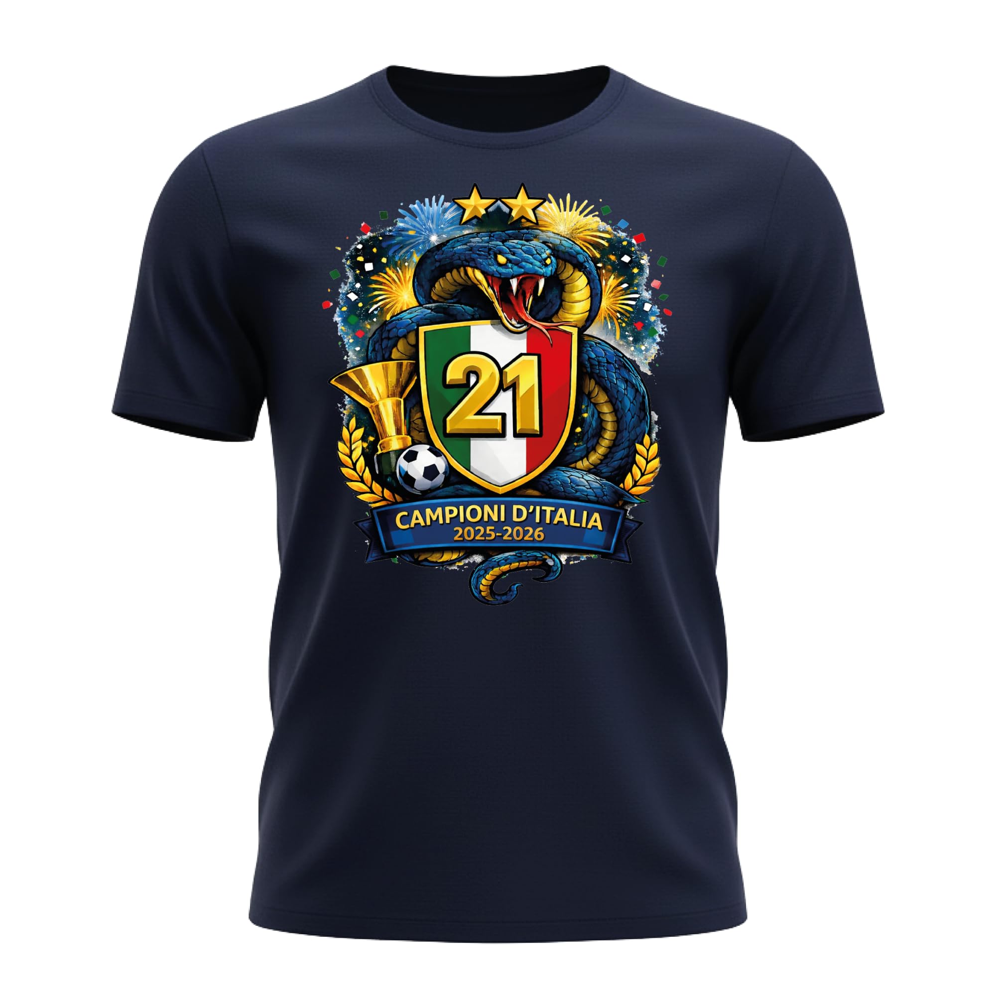Generico Maglietta Celebrativa Campioni d’Italia 2025-2026 – Scudetto 21 – T-Shirt da Bambino Calcio con Stemma Tricolore, Trofeo e Serpente – Idea Regalo Tifosi