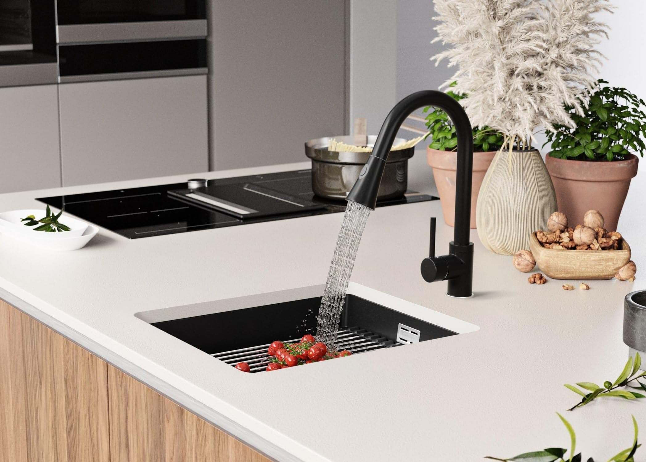 PRIMAGRAN Fregadero bajo Encimera Todo Negro 41x47cm, Cocina 1 Seno + Sifón + Enrollable Escurridor, Granito al Mueble 45cm - Prague Level S137