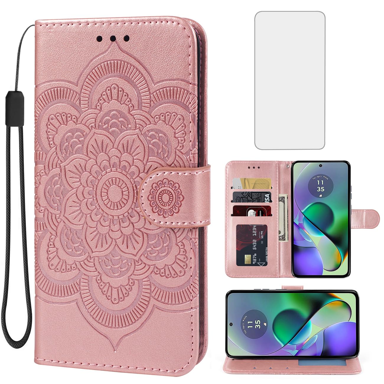 Bohefo Case for Moto G54 5G Case, Motorola G54/Moto G64 5G XT2343 Wallet Case with Tempered Glass Screen Protector, Leather Flip Credit Card Holder