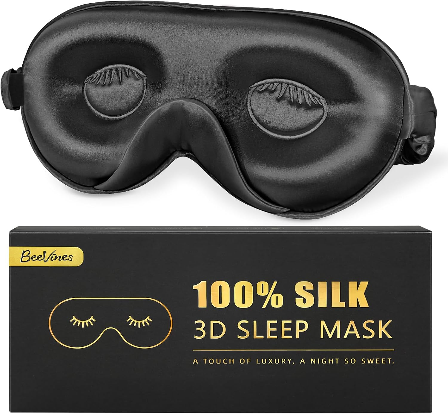 BeeVines Pure Silk 3D Contoured Sleep Mask for Women, Luxury 100% 22 Momme Mulberry Silk 3D Contoured Eye Mask for Lash Extensions, Zero Eye Pressure & Blackout(Black)