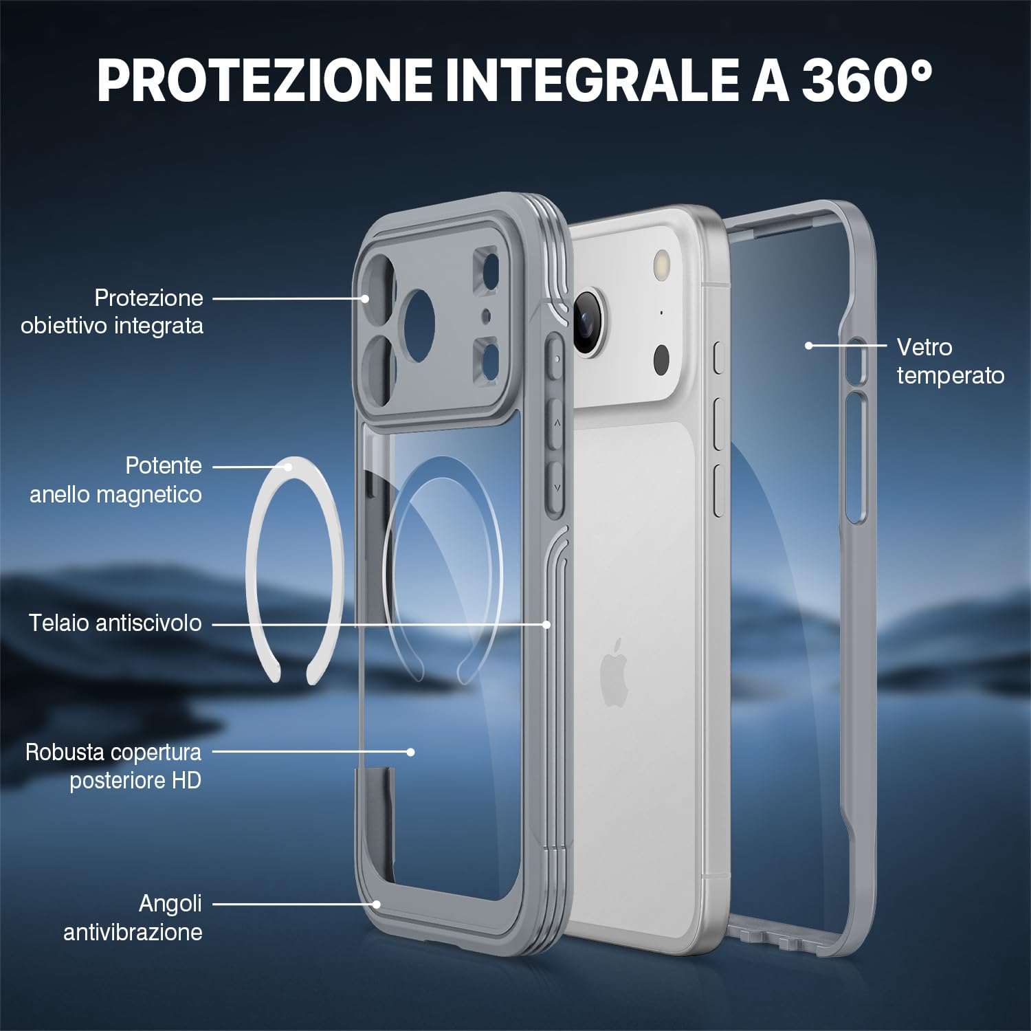 CENHUFO Magnetica Cover iPhone 17 Pro Max [Compatibile con Magsafe] Integrata 9H Vetro Temperato Schermo e Protezione Fotocamera, Custodia Antiurto 360 Gradi Fronte Retro Doppia Faccia Case - Grigio