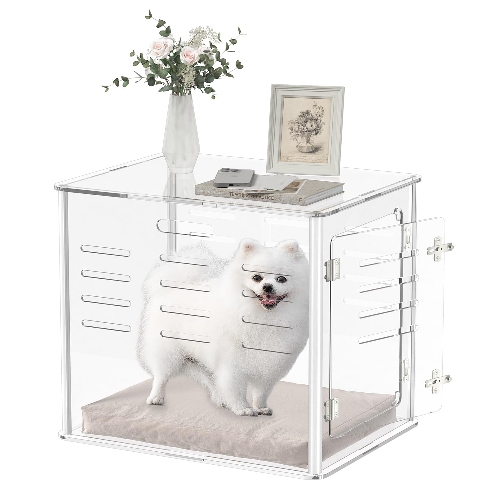 Sumerflos Acrylic Dog Crate Furniture - Clear End Table Dog Crate for Most Small Dog Cat Pet, Modern Indoor Dog Kennel Lockable Ventilated, 23.6" L x 18.1" W x 20.0" H