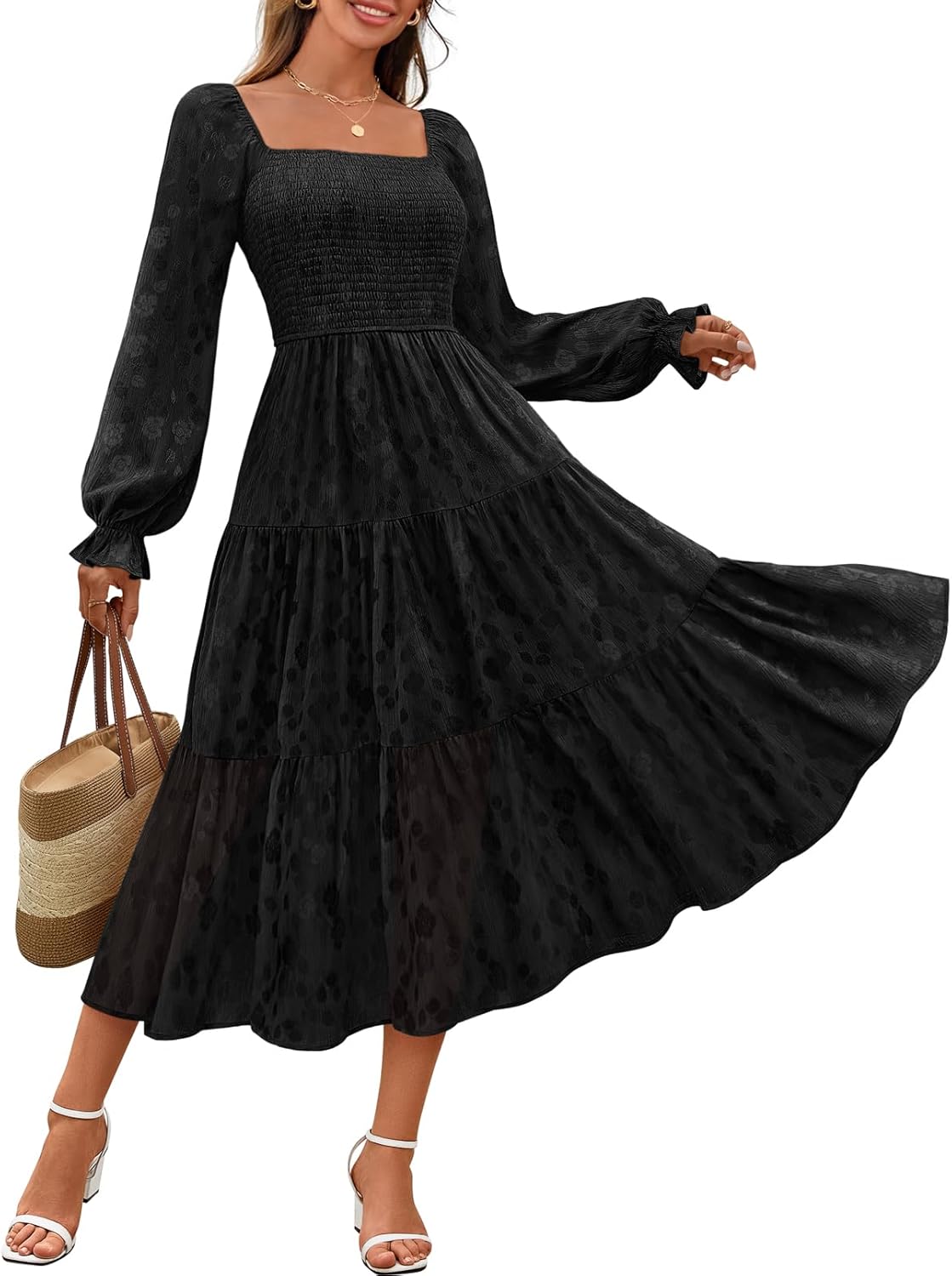 MEROKEETY Women's Fall Long Sleeve Floral Midi Dress Smocked Ruffle Tiered Square Neck Wedding Guest Dresses Pockets