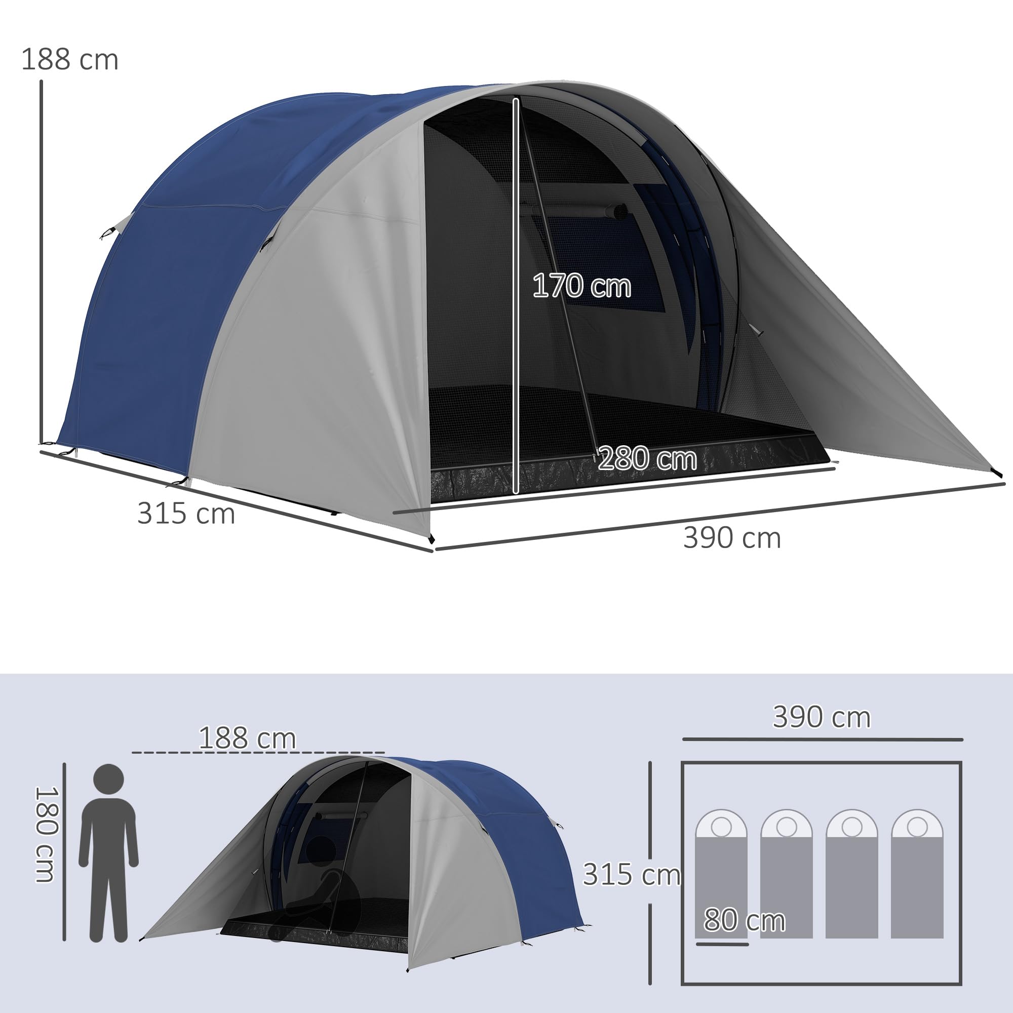 Outsunny Tente de Camping familiale 3-4 Personnes avec Double Toit 3000 mm et Sac de Transport, Tente Tunnel étanche légère ventilée Facile à Monter, dim. 390L x 315l x 188H cm