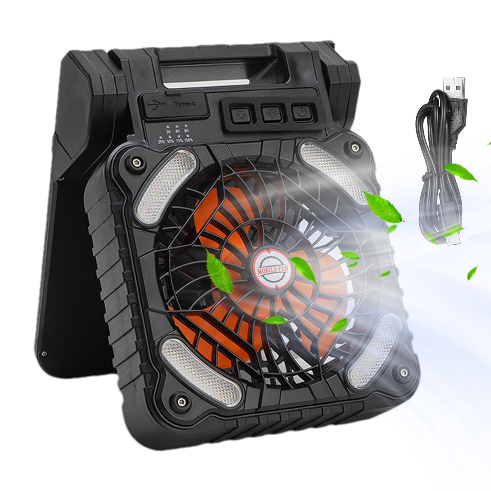 Genérico Ventilador solar portátil,Ventilador solar para acampar,Ventiladores para tiendas de campaña con luces - LED con 4 velocidades de viento y 3 niveles de brillo, con batería de 100