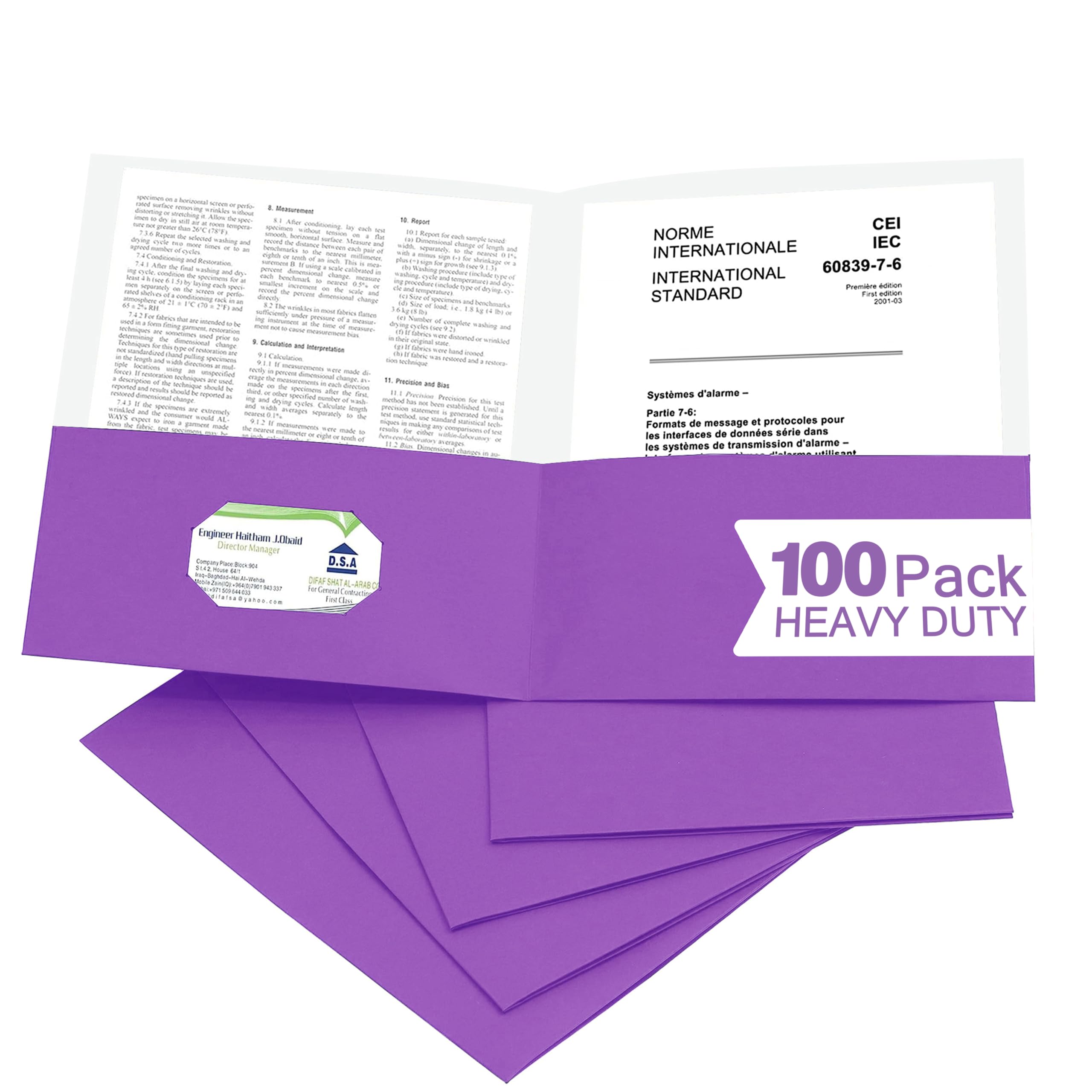 Zzrywuty 100 Packs Paper Purple Folders with Pockets for Students,Businessmen and Office Workers,Letter Size,Two Pocket Folders with Card Slot for Office,Business,School Supplies
