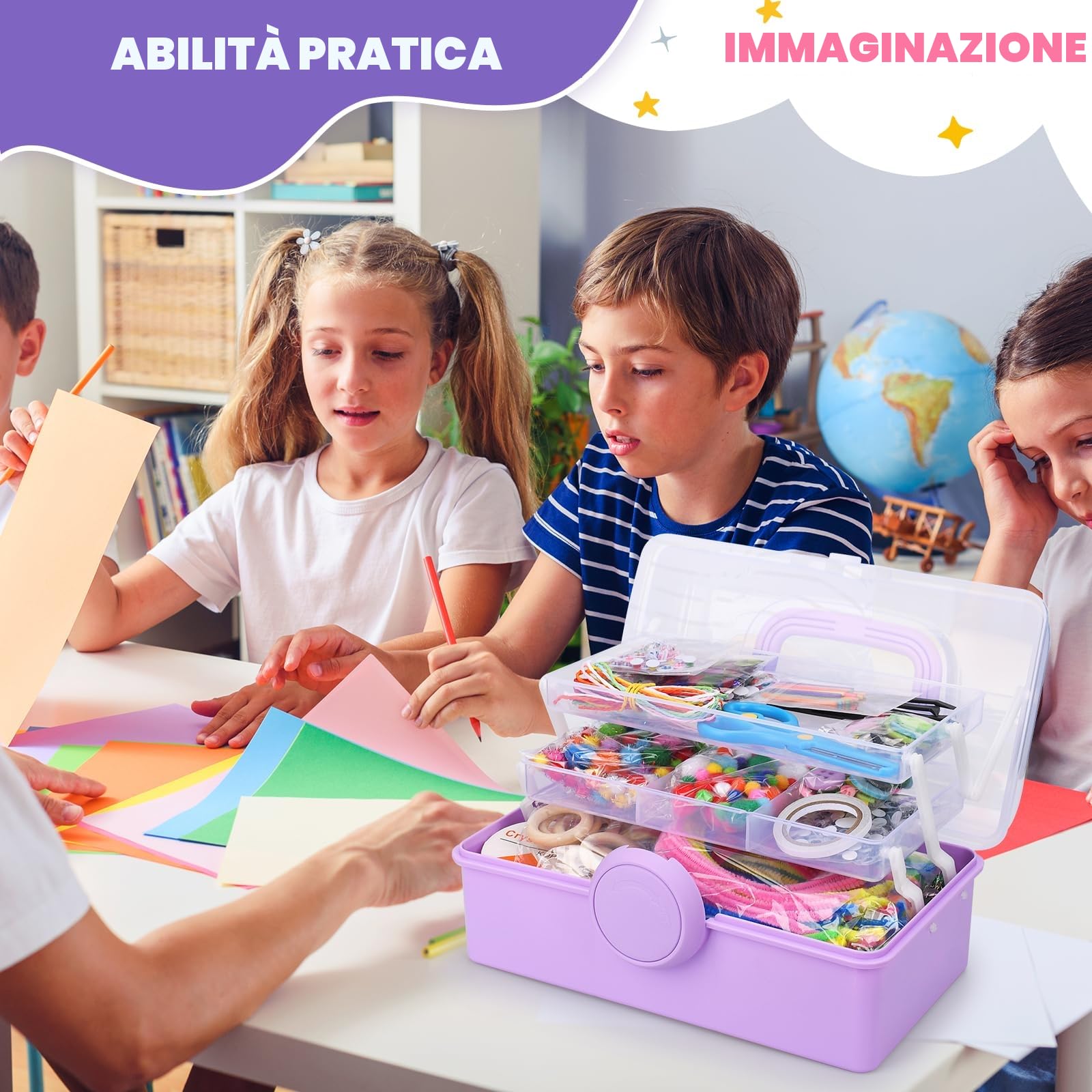 TAVADA Lavoretti Creativi 3000+ Pezzi per Bambini 3+Anni DIY Art Craft Set, Kit Artigianali Scovolini Pipa Colorati Pompon, Sticks, Piume Accessori per Artigianato, Giochi