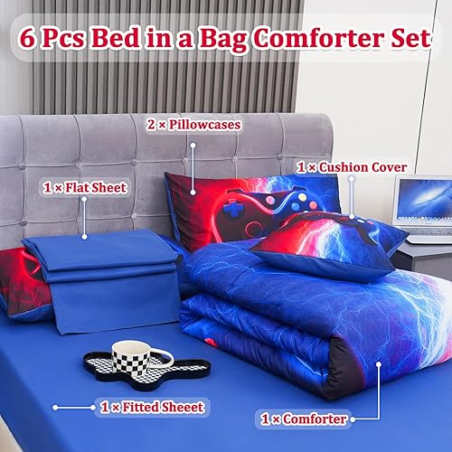 Miniatura 2 de 6 piezas de ropa de cama de tamaño completo para niños, conjuntos de edredón con diseño de rayos, rojo y azul, con sábanas