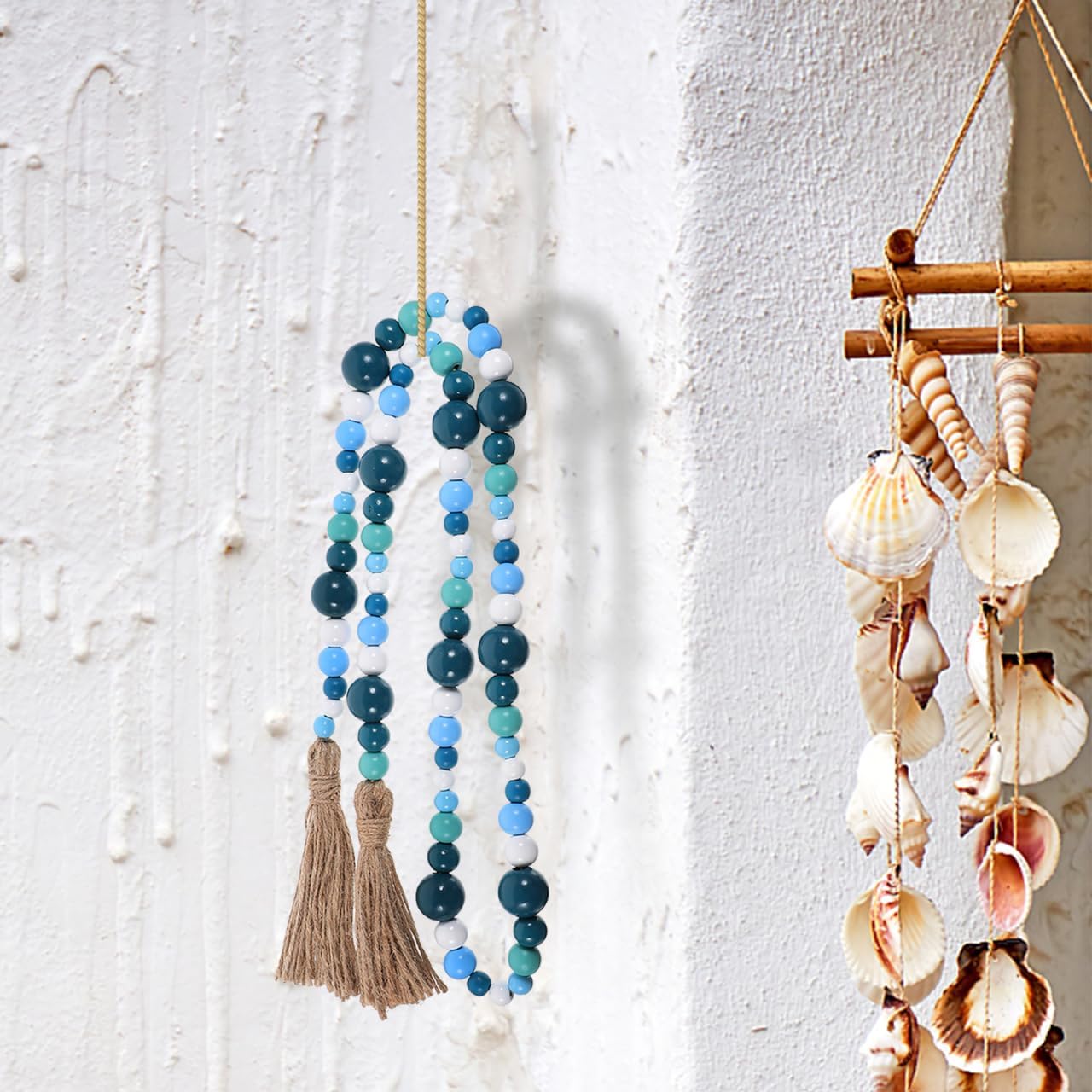 Ocean Breeze Wooden Bead Pendant Tassel Hanging Decoration 52.75 Inch Rope Boho Home Accent Rustic Coastal Room Ornament