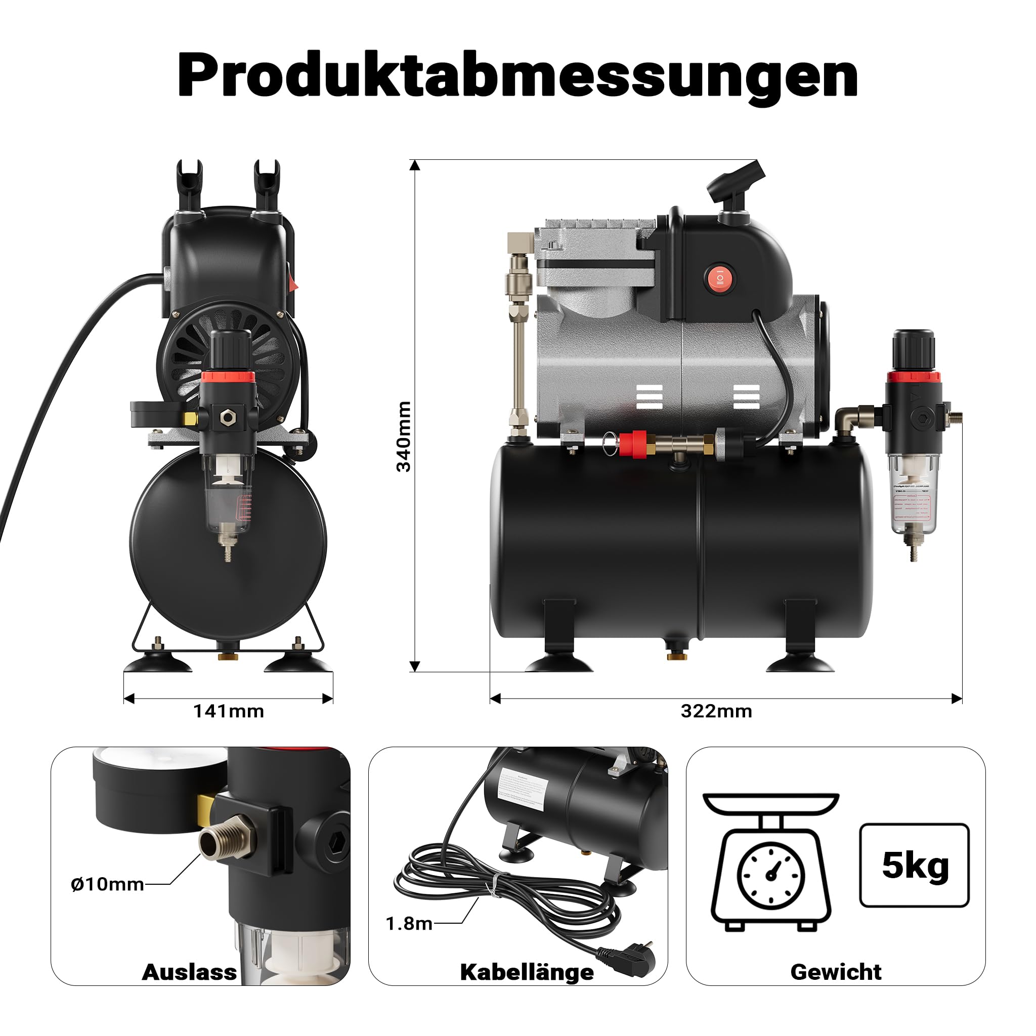 Wiltec Airbrush Einzylinderkolbenkompressor AF189 mit Lufttank, max. 6 bar Druck, Druckminderer, Wasserabscheider, Manometer, für Modellbau, Nailart, Tattoos