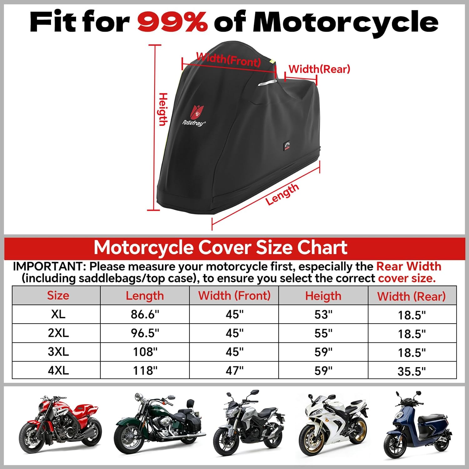 Full Enclosed Motorcycle Cover,600D Waterproof Motorcycle Cover Outdoor/Indoor UV Resistant with Reflective Strips Fits Length up to 96.5" Motorcycles Yamaha Honda Harley Suzuki Black