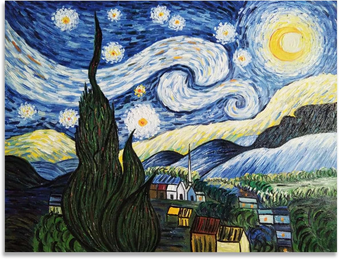 Hand Painted Oil Painting on Canvas Vincent Van Gogh Classical Starry Night Reproduction Wall Decor Framed Ready to Hang