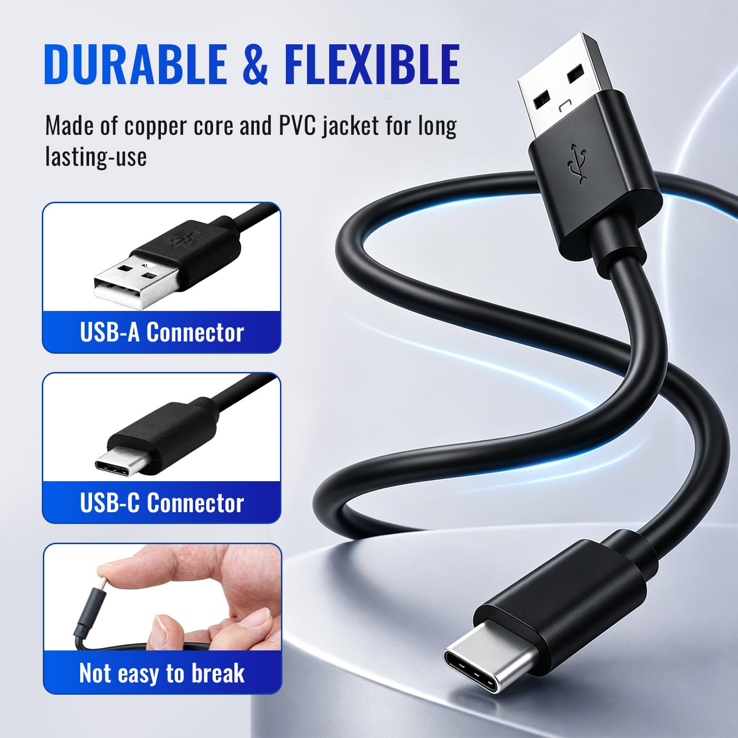 Kabel do ładowania USB 3 m (z USB-A do USB-C) kompatybilny z kontrolerem PS5, Xbox Series X/S, Switch Pro, Kabel danych Type C, Czarny