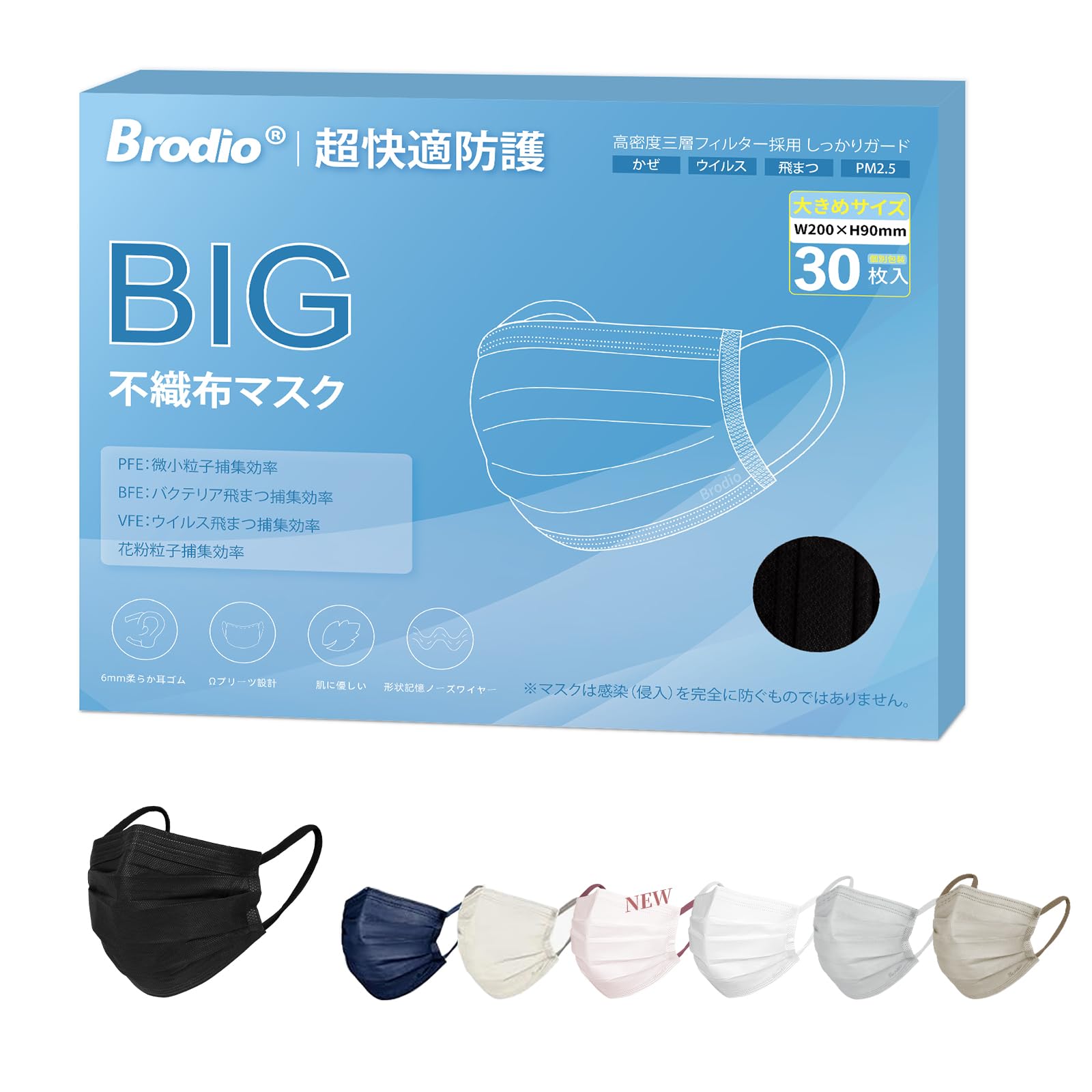 【大きめマスク 20cm】個包装マスク 大きめ 不織布 30枚入 男性用 大きめサイズ 20cm brodioマスク 日本認証済み 6mm平ゴムで 耳が痛くない耳が痛くなりにくいです（ブラック，30）