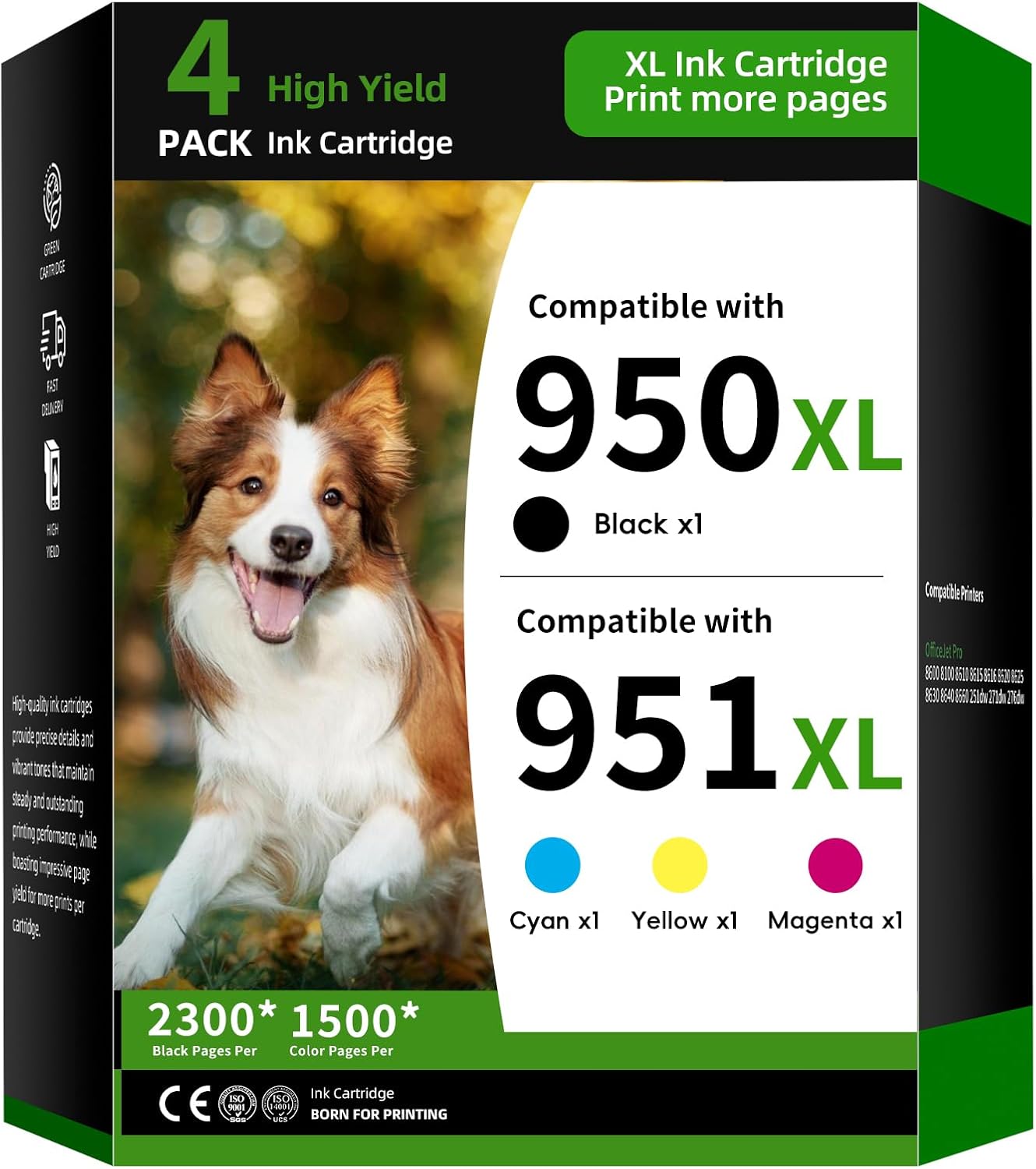 950XL/951XL Ink Cartridge 4-Pack Replacement for HP 950 and 951 Combo Pack Compatible with HP OfficeJet Pro 8600 8610 8615 8620 8625 8100 8660 276DW 251DW Printer Ink(4PK Black Cyan Magenta Yellow)
