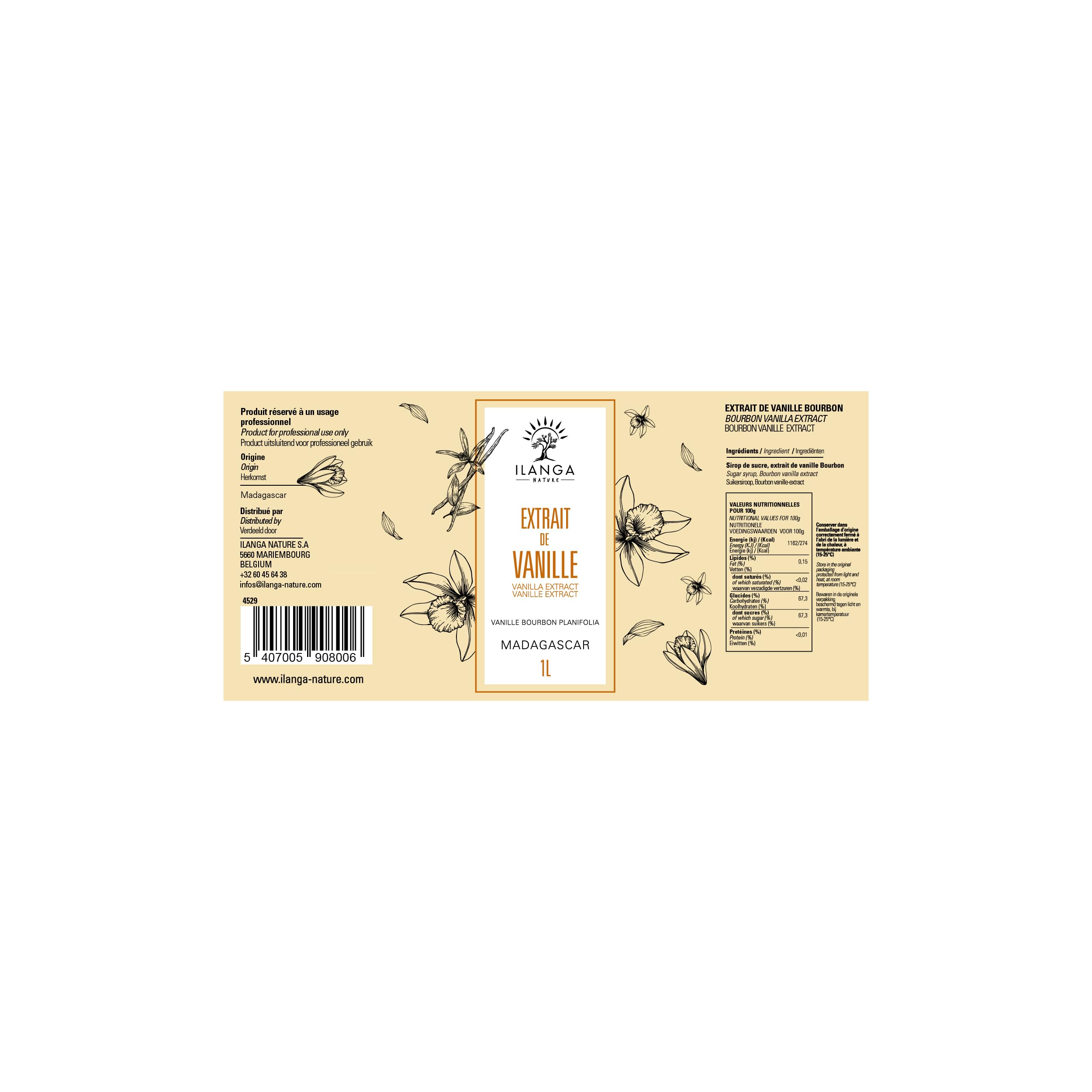 Ilanga Nature Extracto de vainilla Bourbon 1L, sin semillas (200 g/L), extracto natural de vainilla de Madagascar, ideal para repostería, postres, helados, café y bebidas